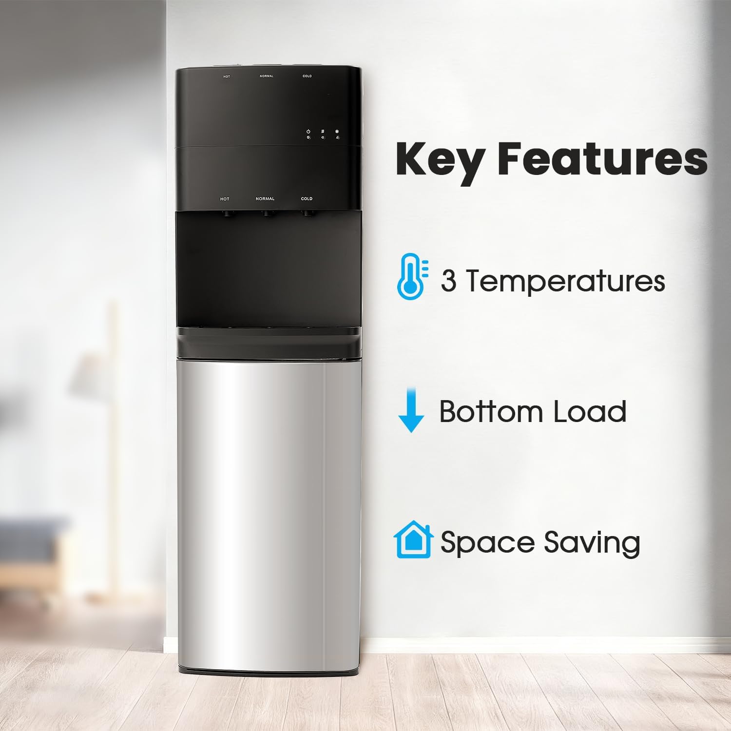 Bottom Loading Water Cooler Dispenser for 5 Gallon Bottle | Hot Cold Room Water Dispenser, Stainless Steel Body & Aluminum Motor with Child Safety Lock for Home Office Apartment thumbnail