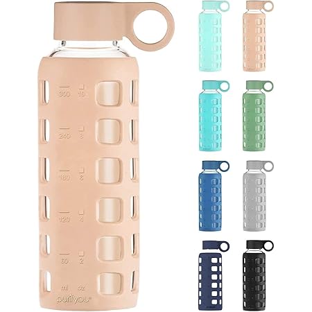 purifyou Premium 40 / 32 / 22 / 12 oz Glass Water Bottles with Volume & Times to Drink, Silicone Sleeve & Stainless Steel Lid Insert, Reusable Bottle for Fridge Water, Milk, Juice (12oz Hazelnut)