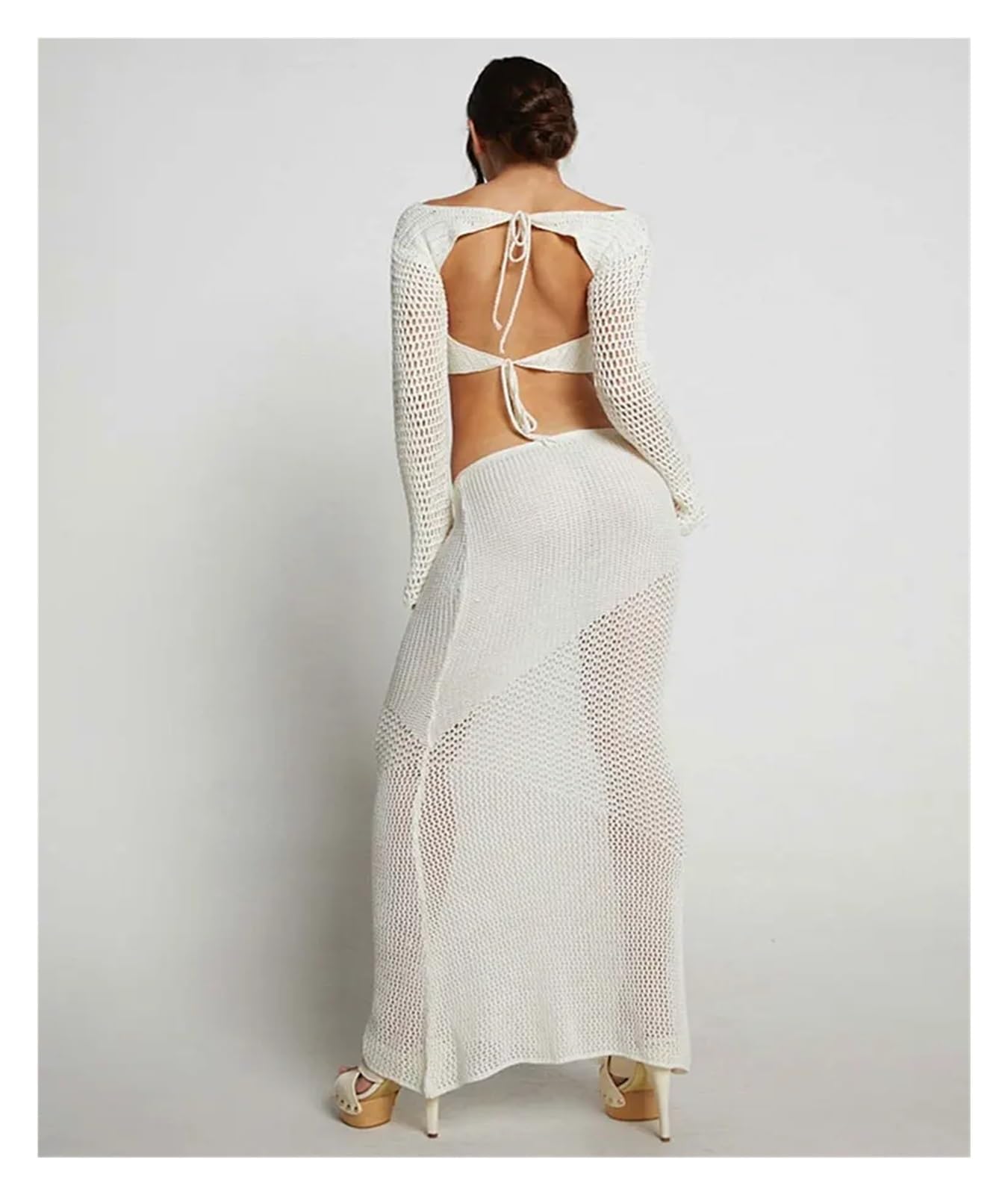 Bikini Cover Ups Été Femmes Blanc attaché à Manches Longues Hanche décontracté évider tricoté Jupe Longue Costume Bikini Couvrir Robe de Plage(White,M)