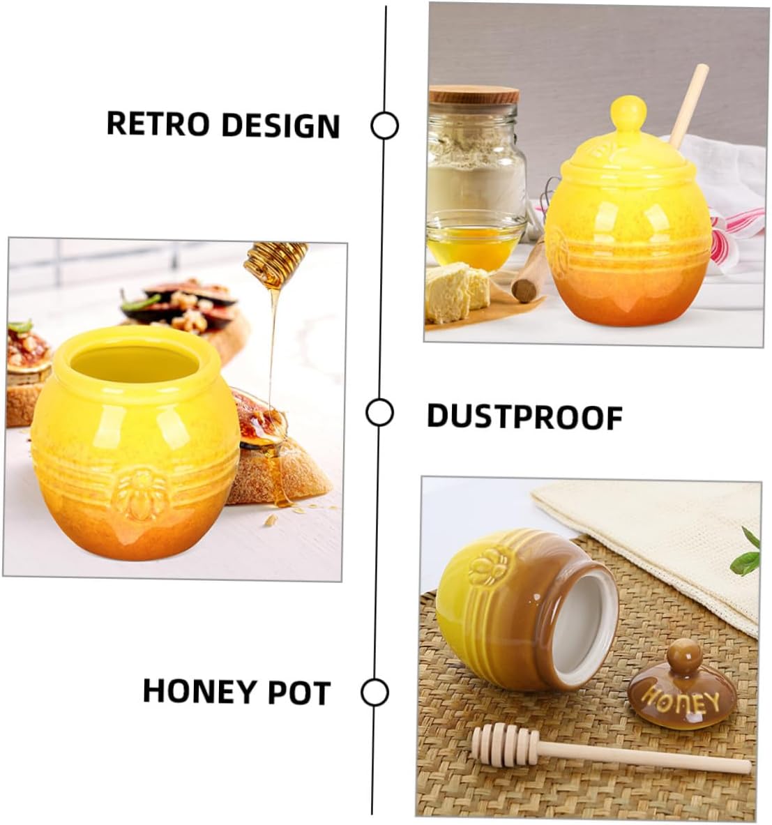 2 Set Ceramic Honey Storage Jars with Wooden Dipper Stick and Lid Compact Kitchen Syrup Pots for Honey Jam and Syrup Freshness-sealing Containers for Countertop Cabinet Use