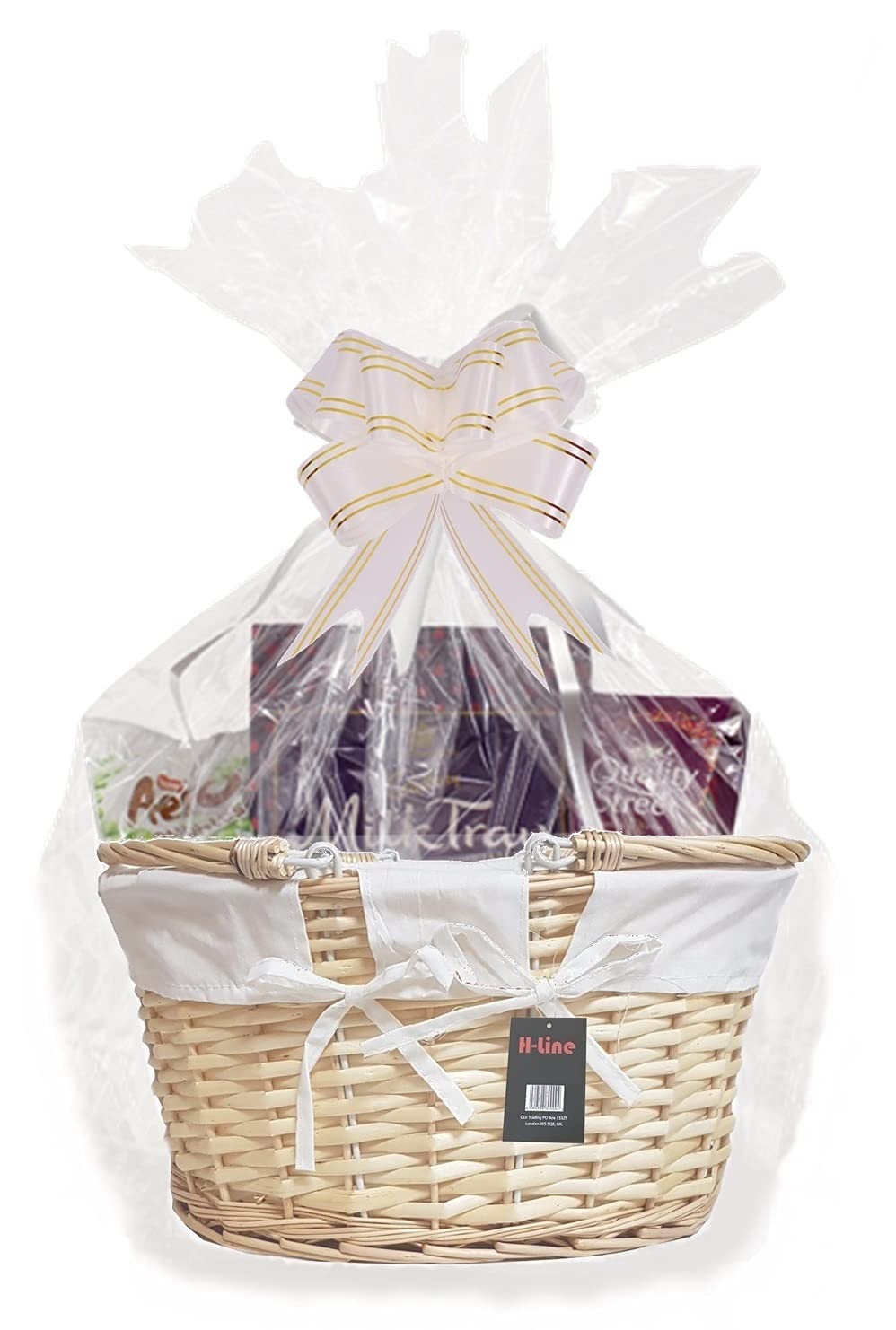 H-LINE Make Your Own Gift Hamper Kit - Natural Wicker Oval Basket With Folding Handles Cellophane Wood Shred Bow Set - Ideal for Christmas Easter Christening Wedding Baby Shower or Birthday Gift