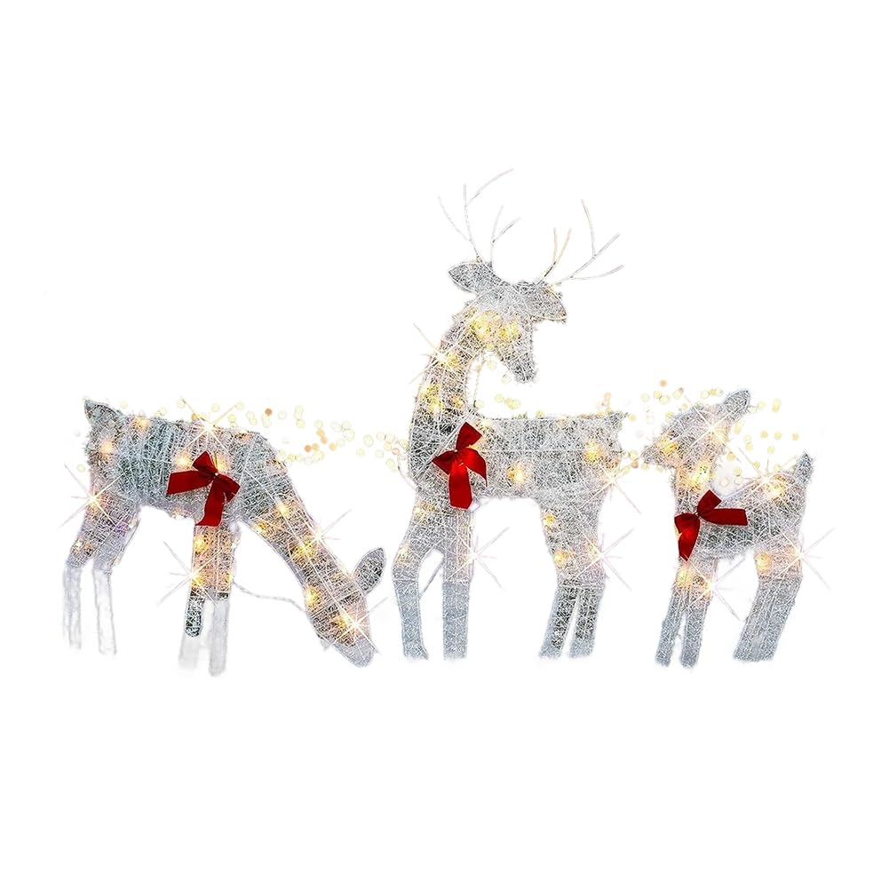 3 Pièces de Rennes de Noël Éclairés en 2D, Décorations Extérieures en Métal Blanc Pré-Éclairé Illuminent Le Traîneau de Noël Rudolph et Le Père Noël avec des Lumières
