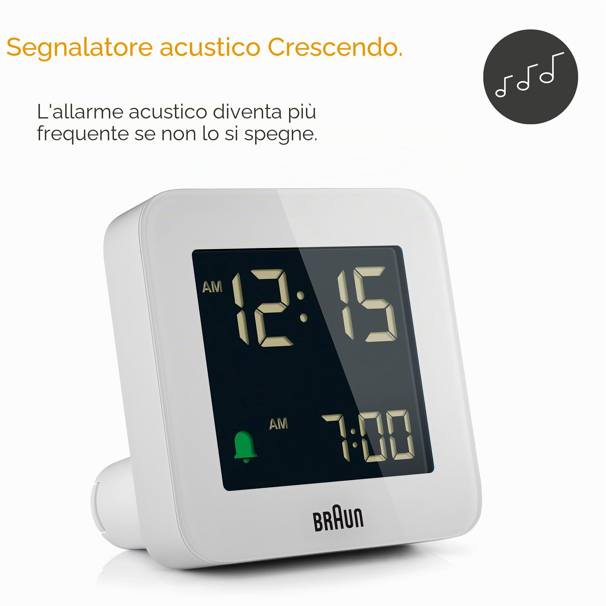 Braun Orologio Sveglia Digitale Funzione Snooze, Display LCD Negativo, Funzione Quick Set, Suono Sveglia Beep con crescendo, in Bianco, modello BC09W.
