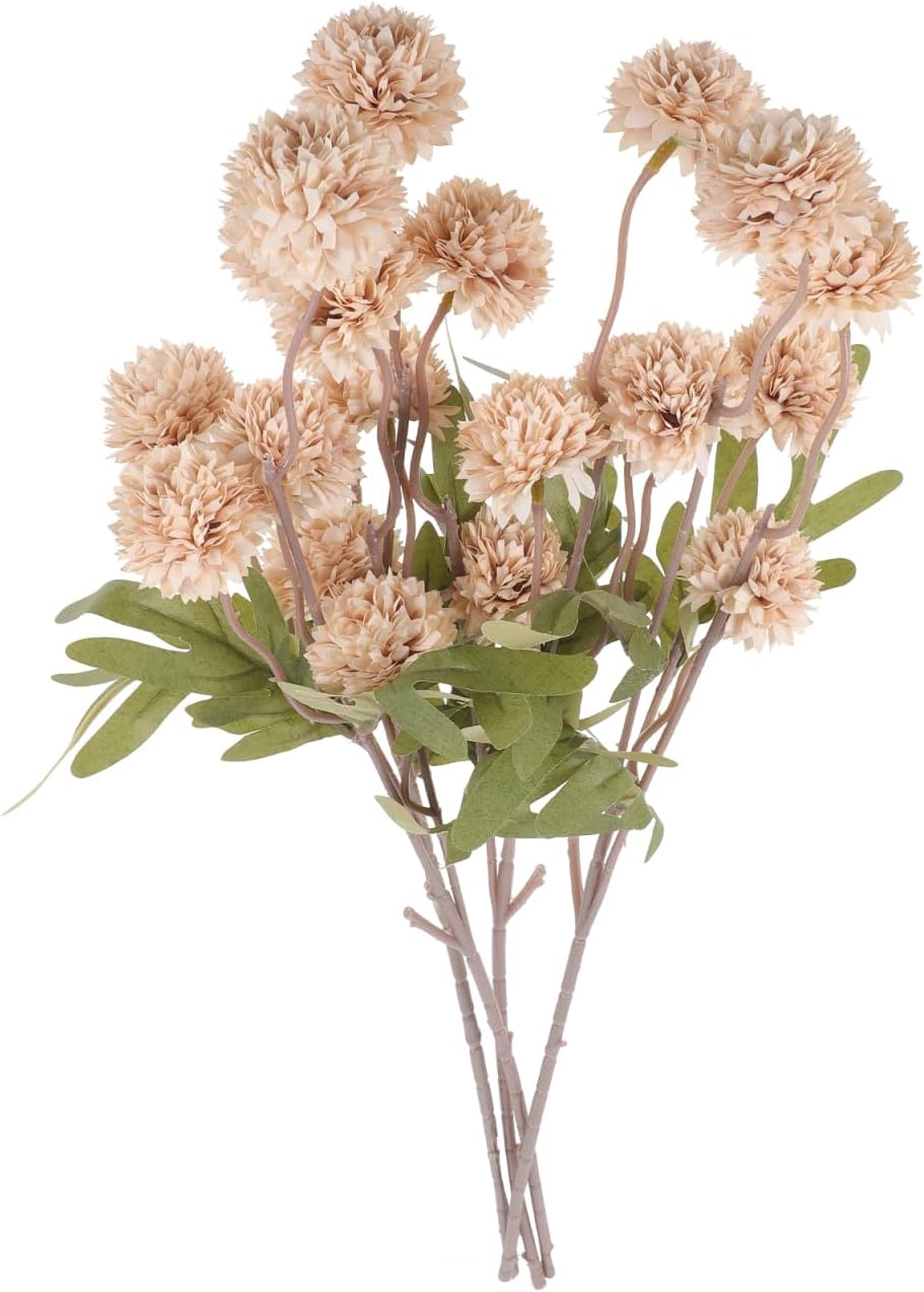 Artificial Dandelion Flowers Mini Chrysanthemum Bouquet 4 Pcs Faux Puff Ball Floral Arrangement for Wedding Living Room Table D Cor 3.15 Inch