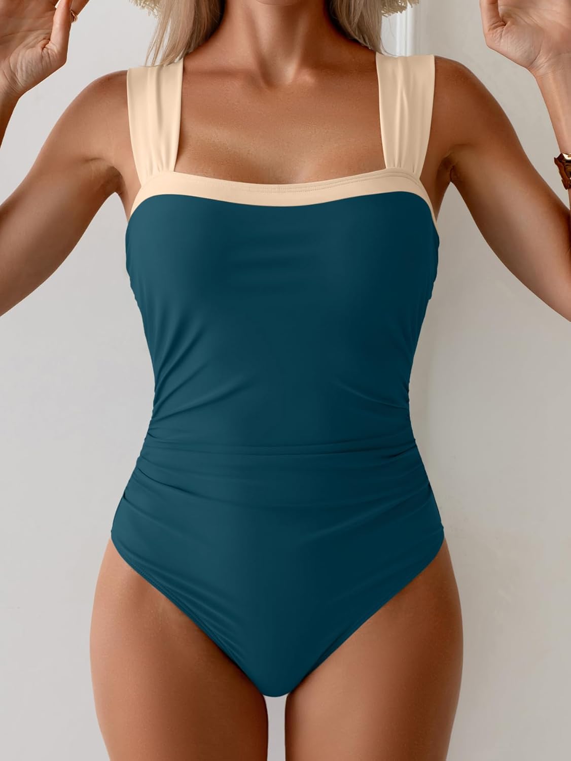 Aidonger Women's One Piece Swimsuit Modest Tummy Control Bathing Suit Ruched Slimming Color Block Swimwear