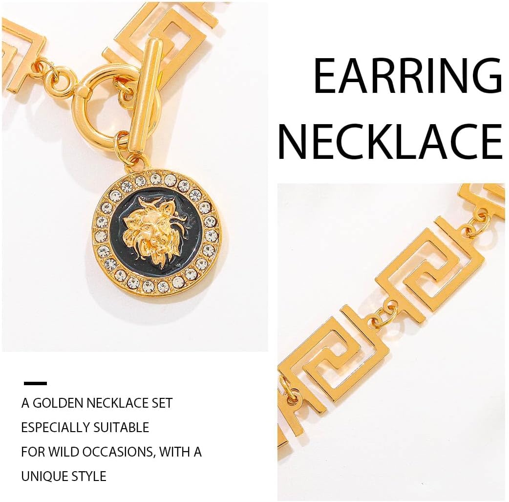 Gold Lion Earrings and Necklace Sets Vintage Pendant Necklace Set for Women Hip Hop Adjustable National Jewelry Set - Image 4