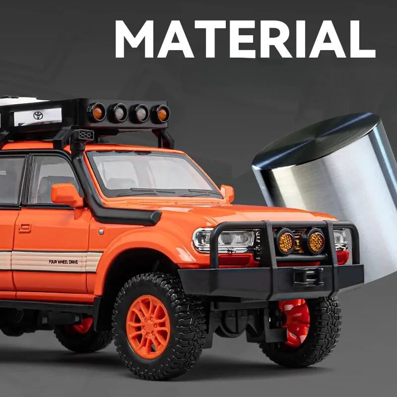 Image of 1:24 Scale Diecast Land Cruiser LC80 Model Car - Metal Pull Back Toy with Opening Doors, Lights & Sounds - Collectible Toy SUV for Boys Age 3-8, Certified Safe Gift for Kids (Orange)