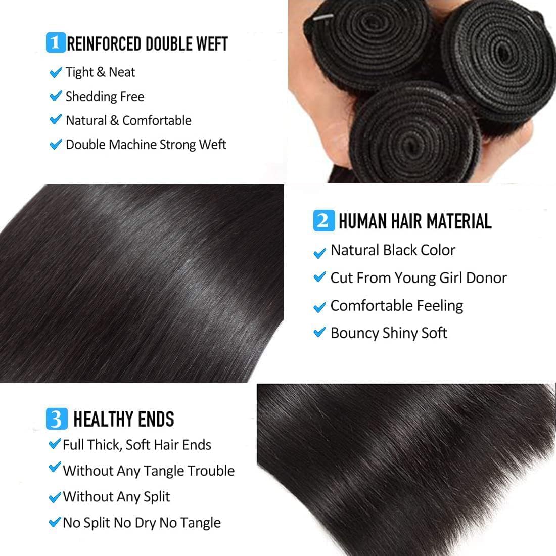 BLISSHAIR Straight 3 Bundles Human Hair Brazilian Straight Hair 100% Unprocessed Virgin Hair Weave Bundle Human Hair Extensions for Women Natural Color (Straight 161820) - Image 4