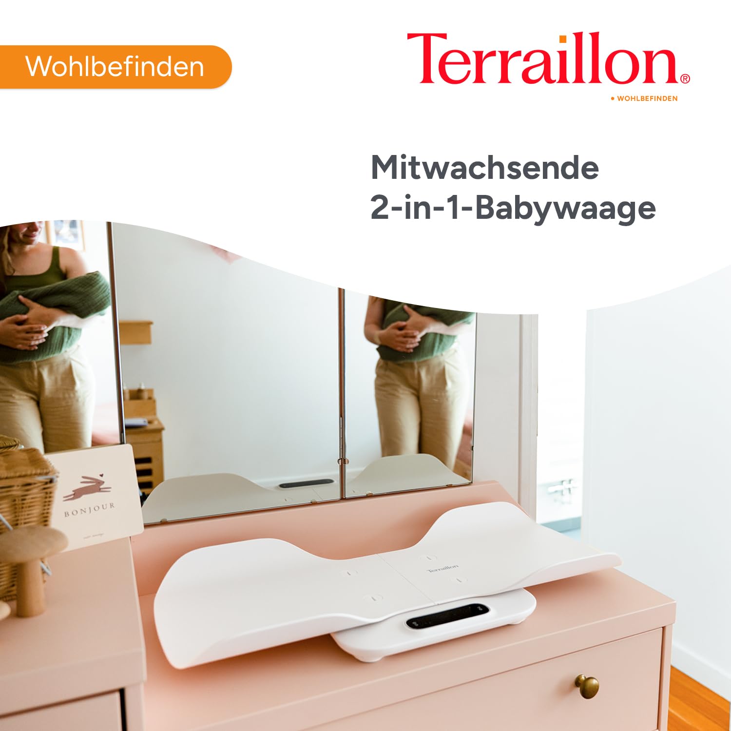 TERRAILLON - Baby Fit – Elektronische Babywaage 2-in-1, abnehmbare Babywanne, Gewichtsvergleichsfunktion, Kinderverriegelung, Skala 5-10-15 g, Kapazität 180 kg, Hülle inklusive, Weiß