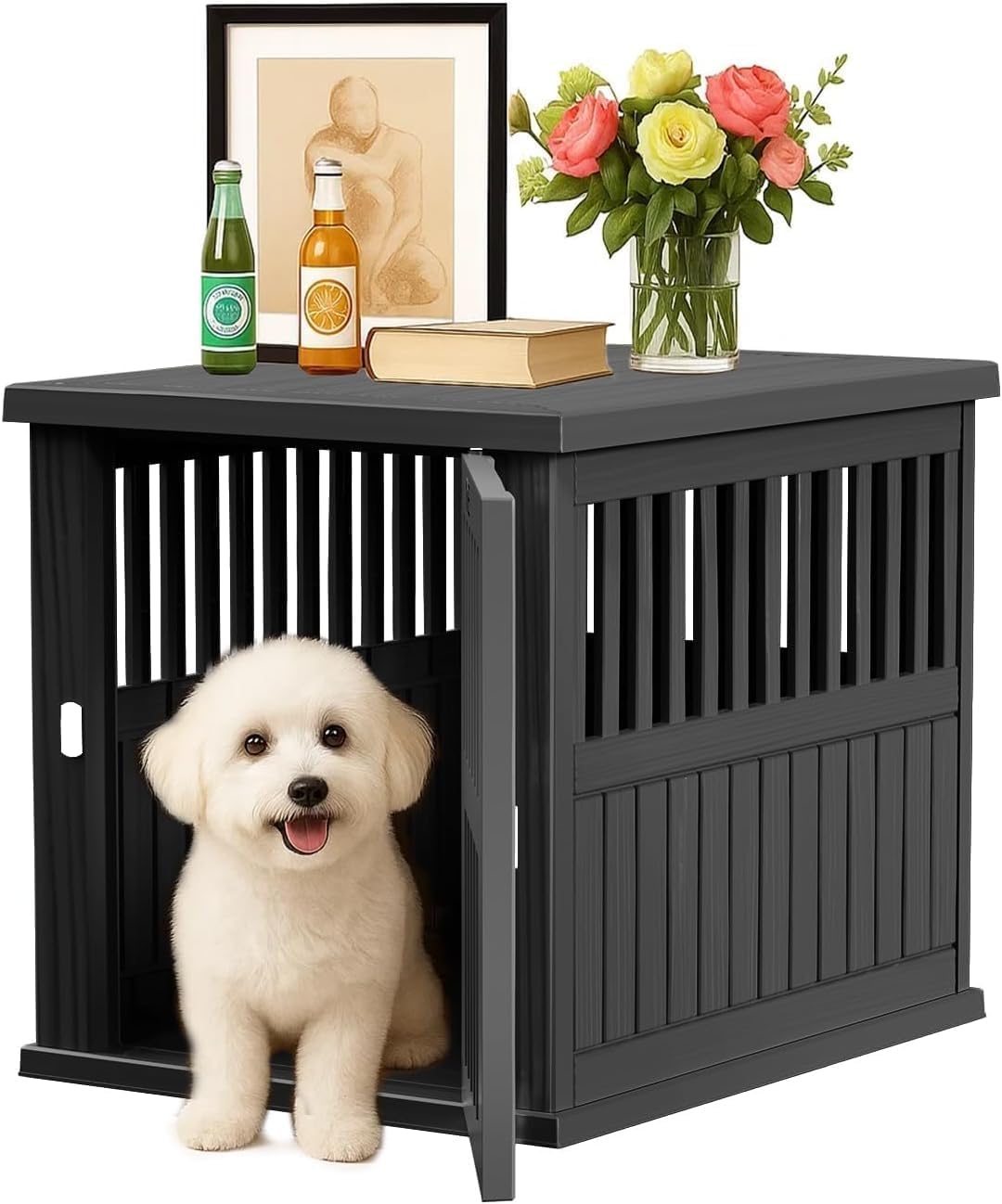 35 Inch Decorative Dog Crate Furniture, Heavy Duty Lockable Plastic Pet Cage, Indoor End Table Kennel for Small/Medium Dogs, Black