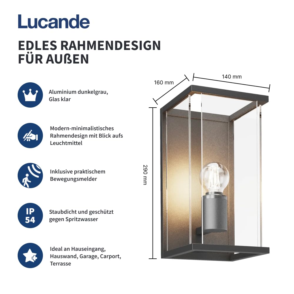 Lucande Wandlampe aussen mit Bewegungsmelder, Aussenwandleuchte spritzwassergeschützt IP54 1xE27 max. 15W ohne Leuchtmittel Außenleuchte