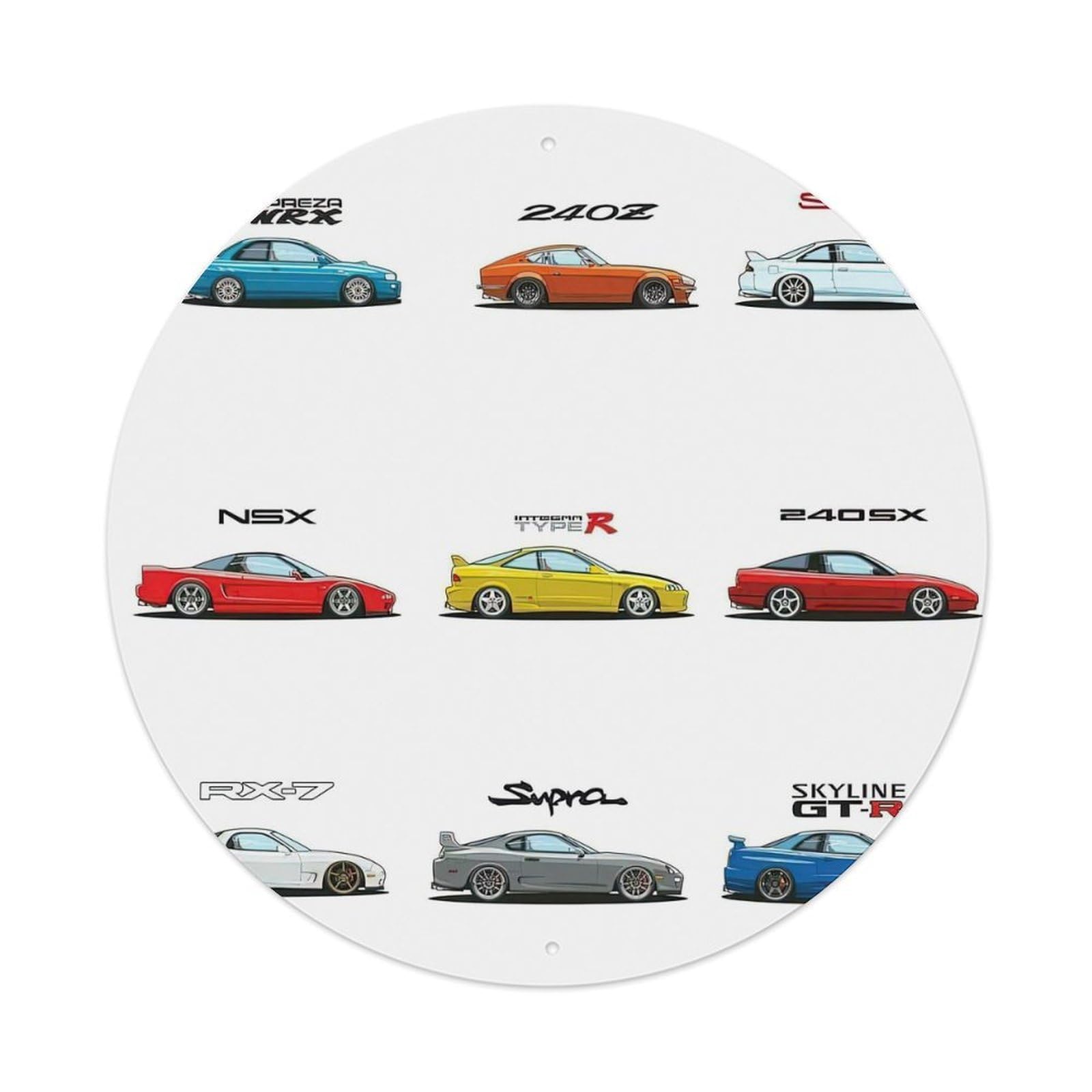 JDM Sports Cars NSX RX7 WRX Racing Cars Vintage Metal Tin Sign Plaque Wall Decor for Cafe, Club, Garden Round Metal Poster 8x8Inch