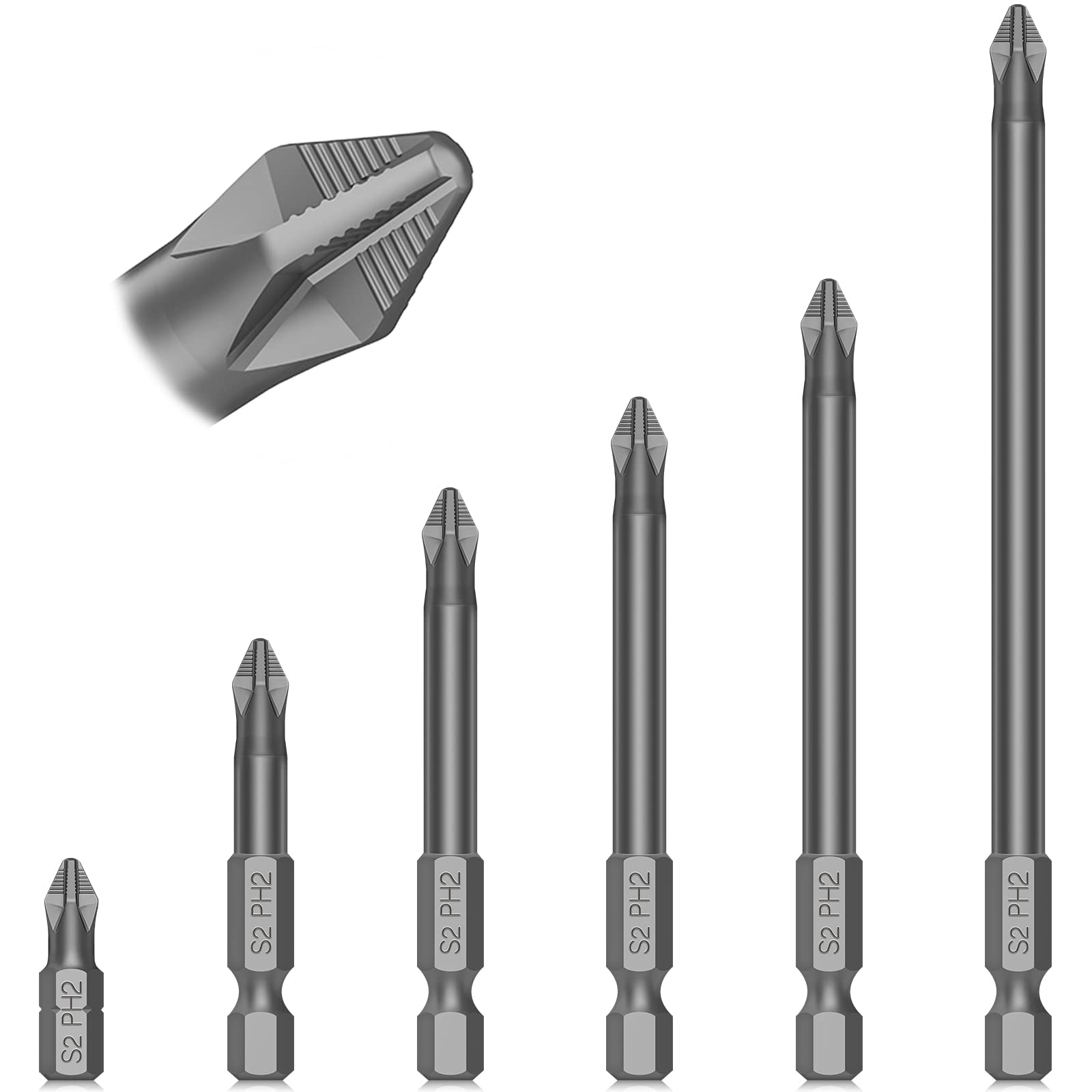 6-Piece Phillips # 2 Impact Bit Set - S2 Alloy Steel Magnetic Screwdriver Bits Anti Slip Tips 1 4 Hex Shank Durable Power Hand Tool Accessories