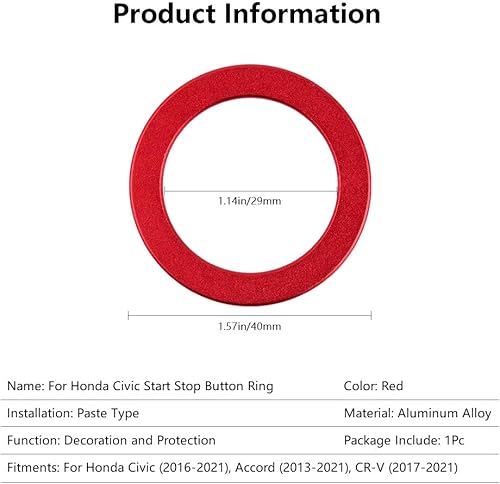 Miniatura 5 de LECART Anillo de cubierta de botón rojo para Honda Civic Accessories 2016 2017 2018 2019 2020 2021