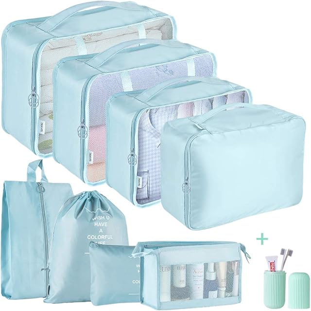 Packing Cubes for Suitcase,Geediar 9 PCS Travel Luggage Packing Organizers Waterproof Travel Essentials Bag Clothes Shoes Cosmetics Toiletries Storage Bags(b-Blue)
