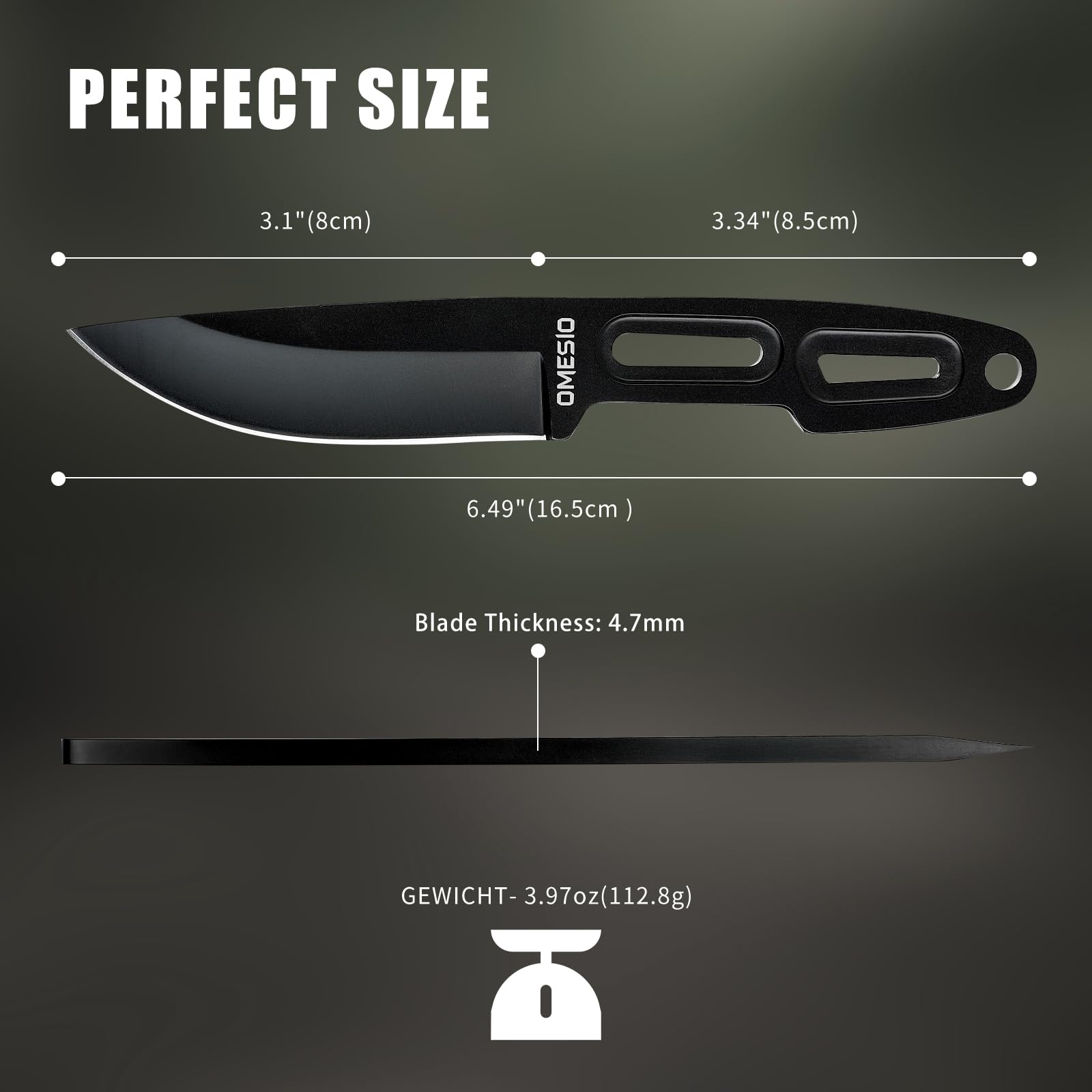 Omesio Cuchillo de cinturón pequeño EDC, hoja 8 cm 5Cr13MoV, full tang con funda y cordón. Ligero, resistente y apto para porte horizontal. Ideal para camping y senderismo.