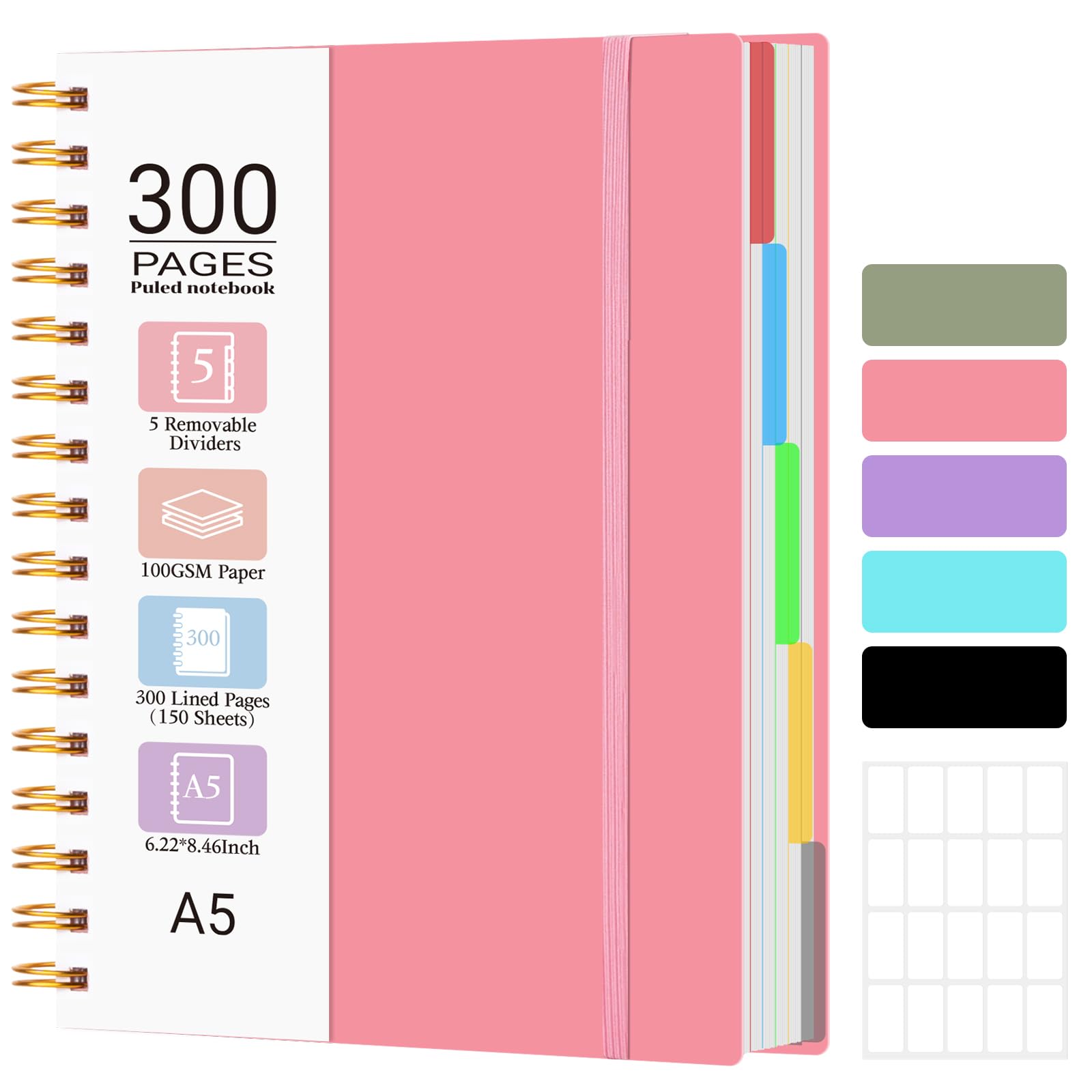 MOFELON A5 Notebook, Notepad, A5 Notebook with Dividers, 300 Pages 100GSM Thick Wirebound Spiral Notebooks for Writing, PVC Hardcover Note Book for Work Office School, 21.5 x 15.8cm,Pink