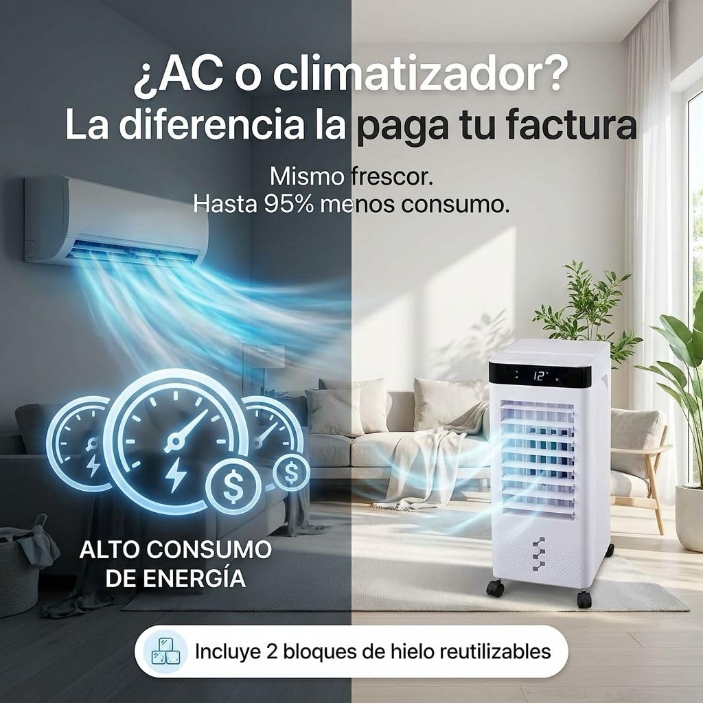 MY WAVE Climatizador Evaporativo Portátil 7L | Enfriador de Aire Silencioso con 2 Bloques de Hielo Incluidos, Mando a Distancia, Temporizador 12H, 3 Velocidades, Oscilación, Bajo Consumo