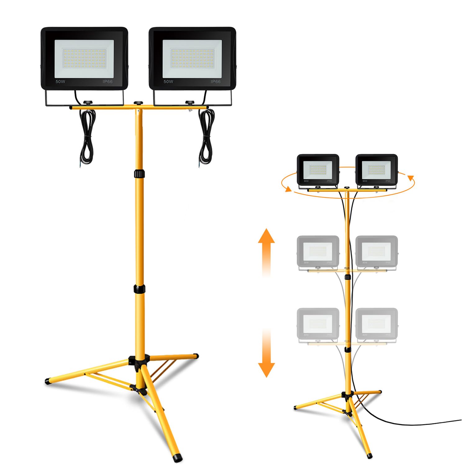 Foco LED con trípode, 2 focos de trabajo de 50 W, 4250 lm, 6000 K, luz blanca fría, altura regulable, trípode y cable de 1 m, resistente al agua IP66 (sin enchufe)