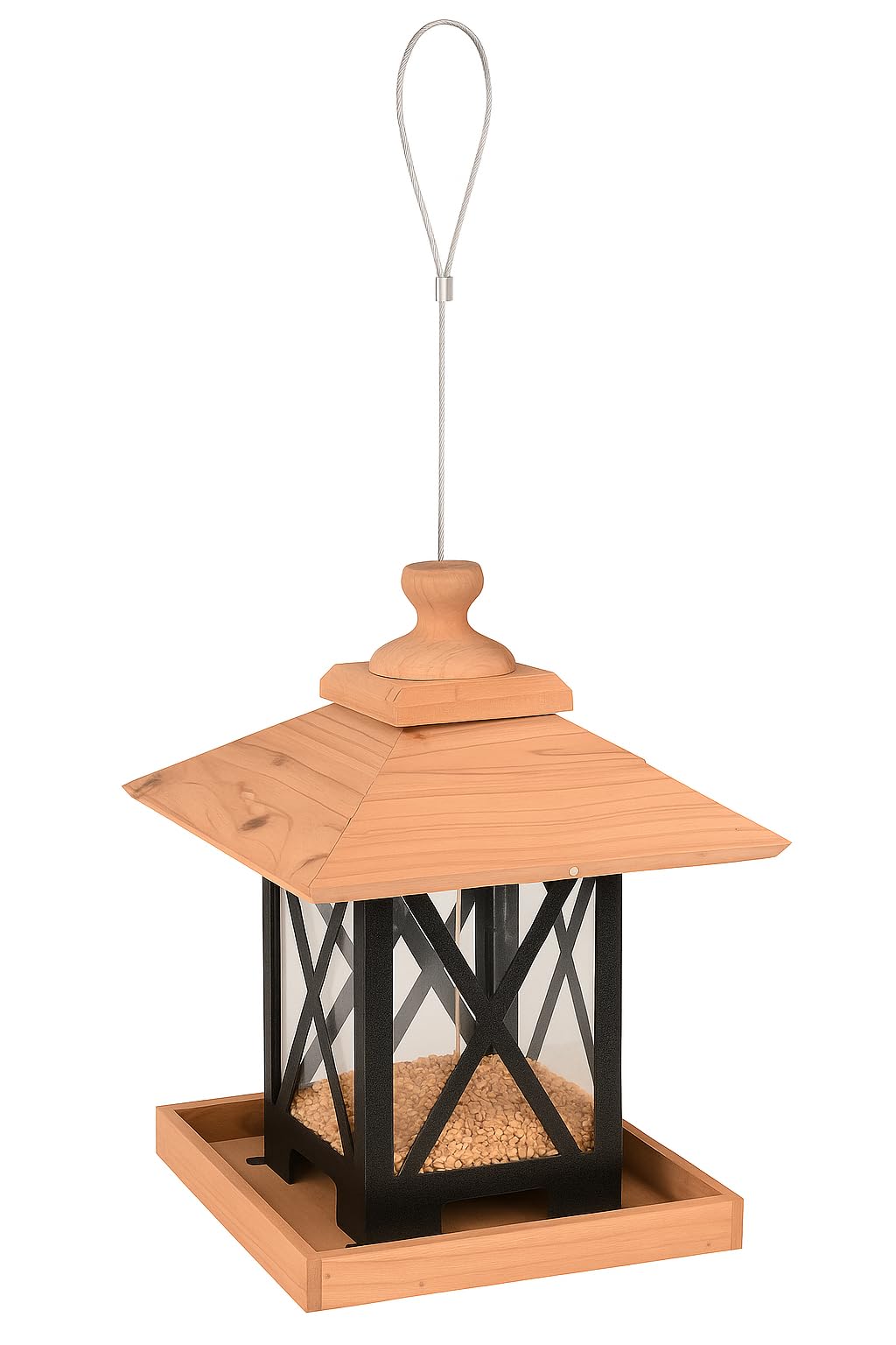 Mangeoire Oiseaux extérieur – Leya Naturel – 32 cm – pour graines – Cèdre & métal – Couvercle Amovible – Peu d’Entretien – Flamingo