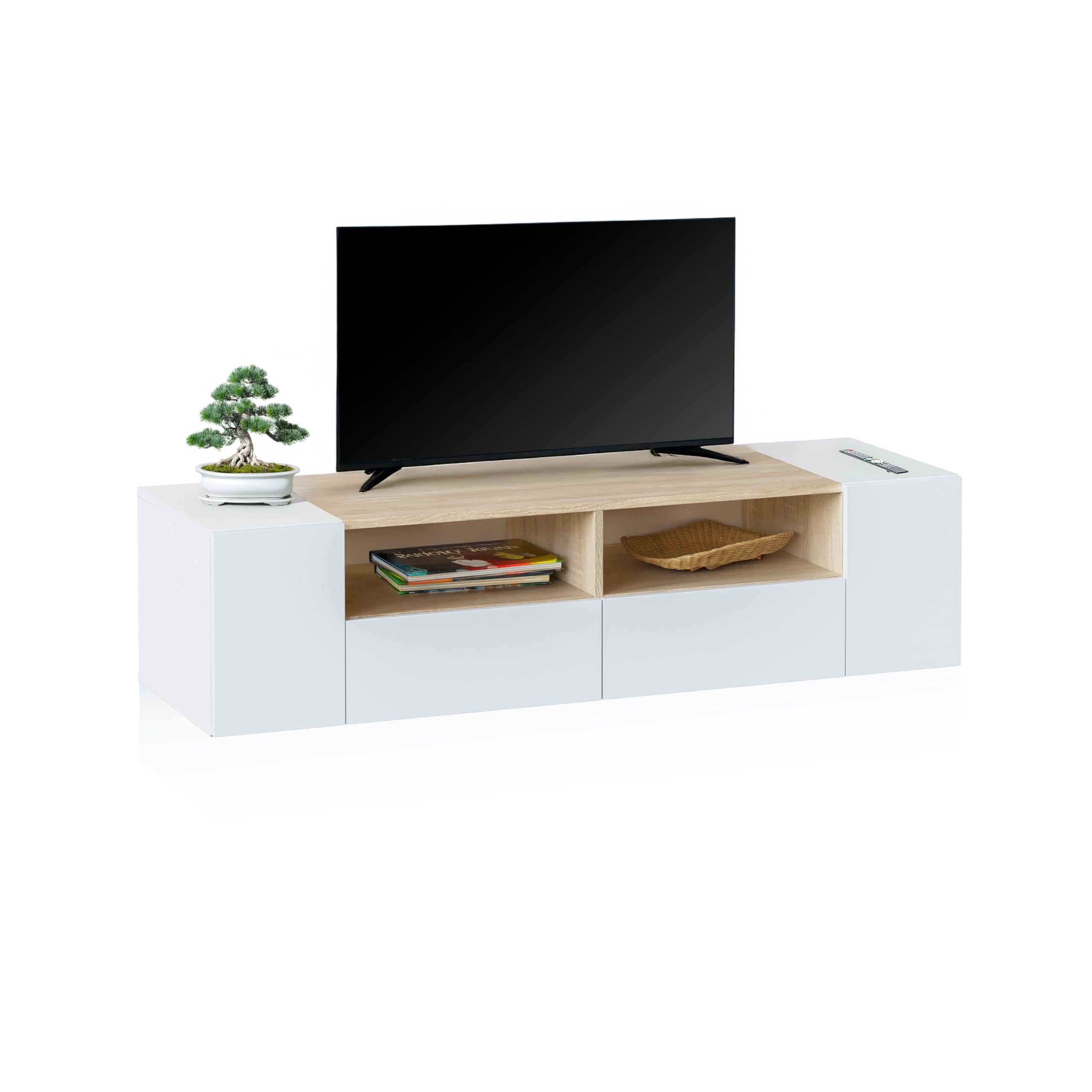 duehome | Modulo TV, Mueble de Salon, Juego de Muebles, Modelo Nima, Acabado en Blanco Artik y Roble Canadian, Medidas: 138 cm (Largo) x 42 cm (Fondo) x 36 cm (Alto)