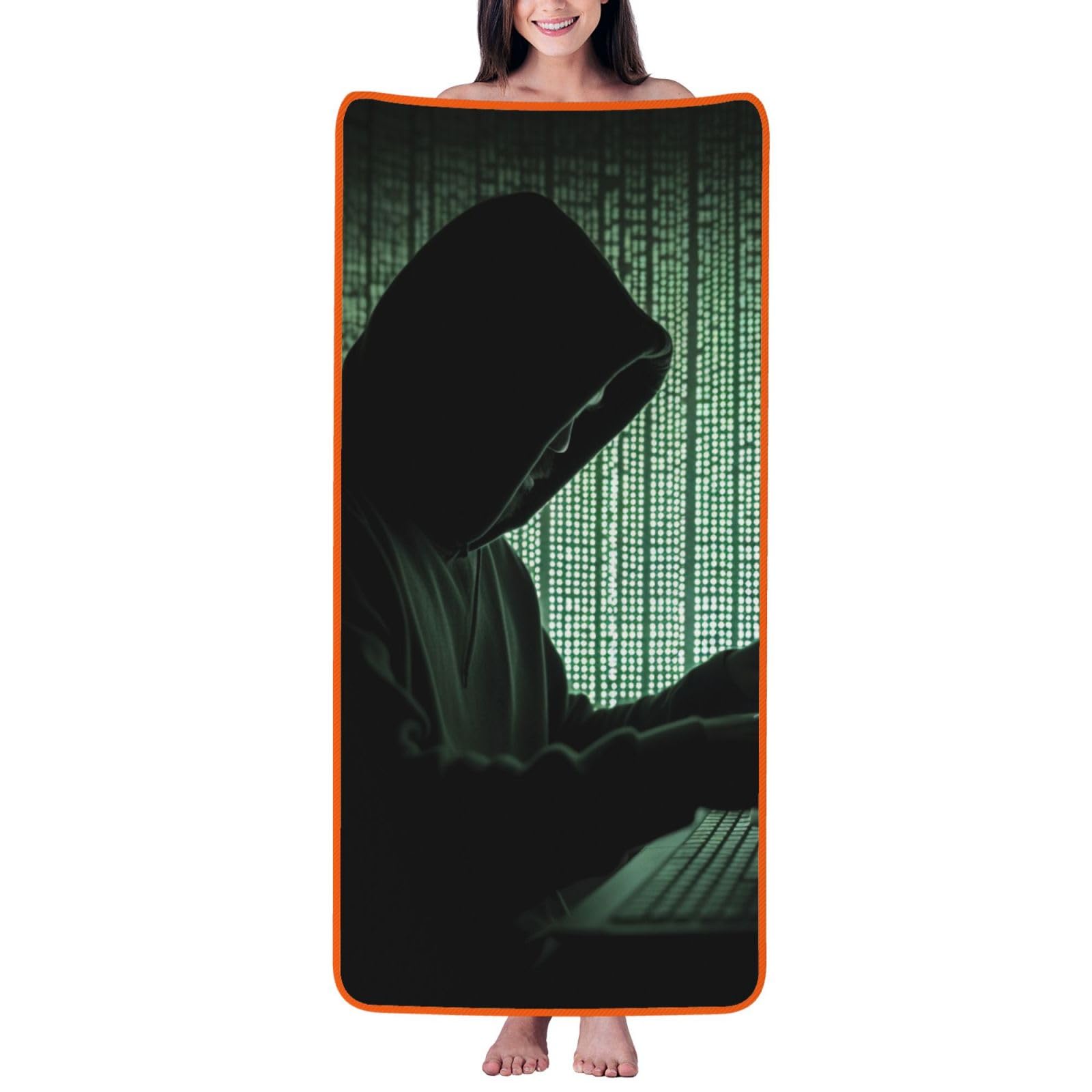 WPKJU Hacker Attack Printed Bath Towel with Orange Edging - 27x55 in Soft Extra Absorbent Coral Velvet Shower Towels for Bathroom