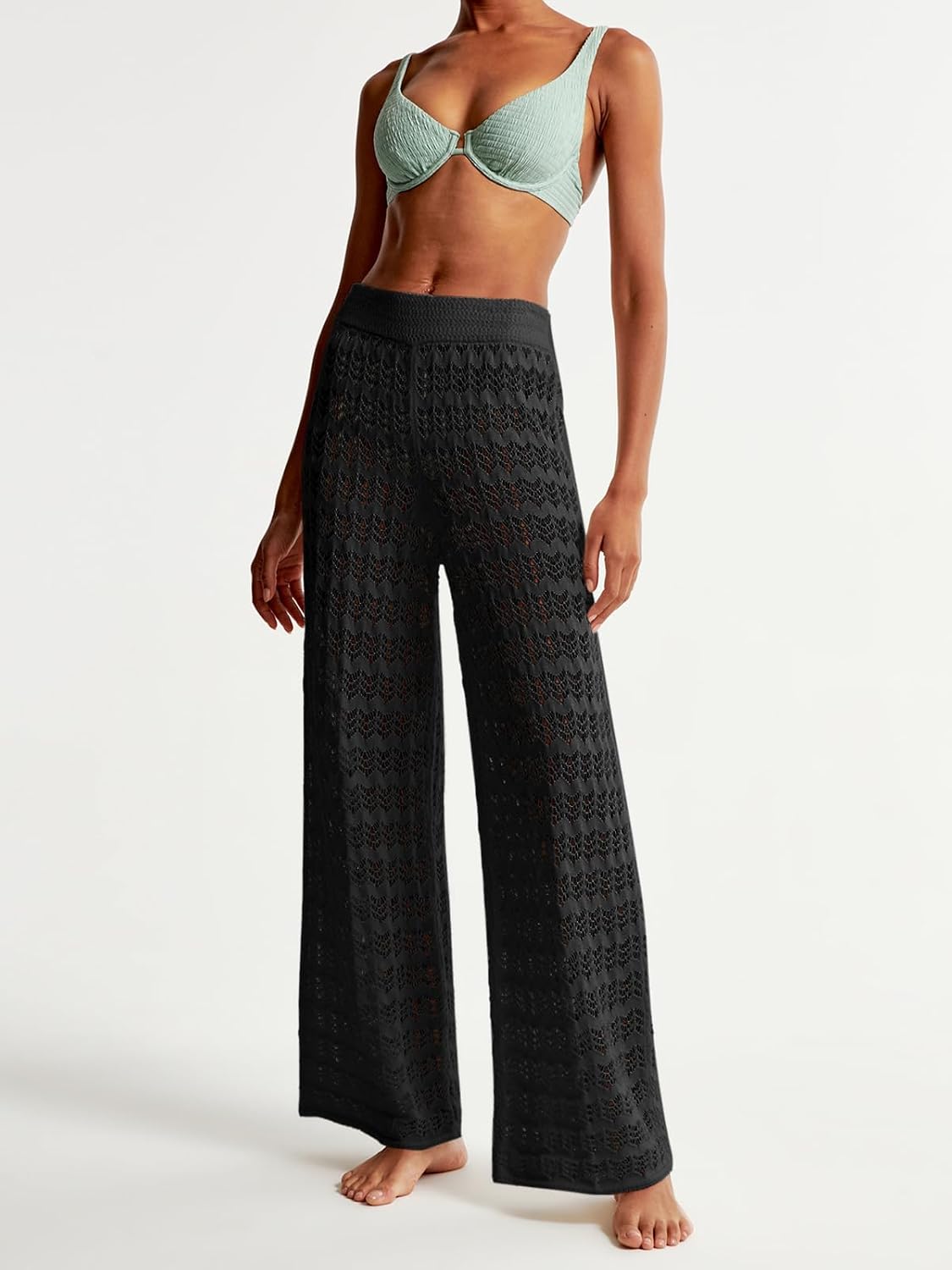 Saodimallsu Womens Crochet Cover Up Pants Sheer Mesh High Waist Sexy Casual Knit Summer Swimsuit Coverup Beach Pants