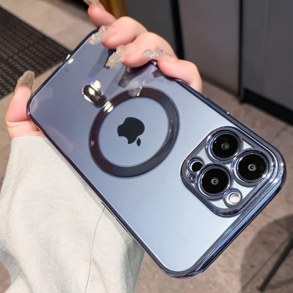 Custodia Trasparente iPhone 14 Plus Portacarte Pelle Blu MagSafe