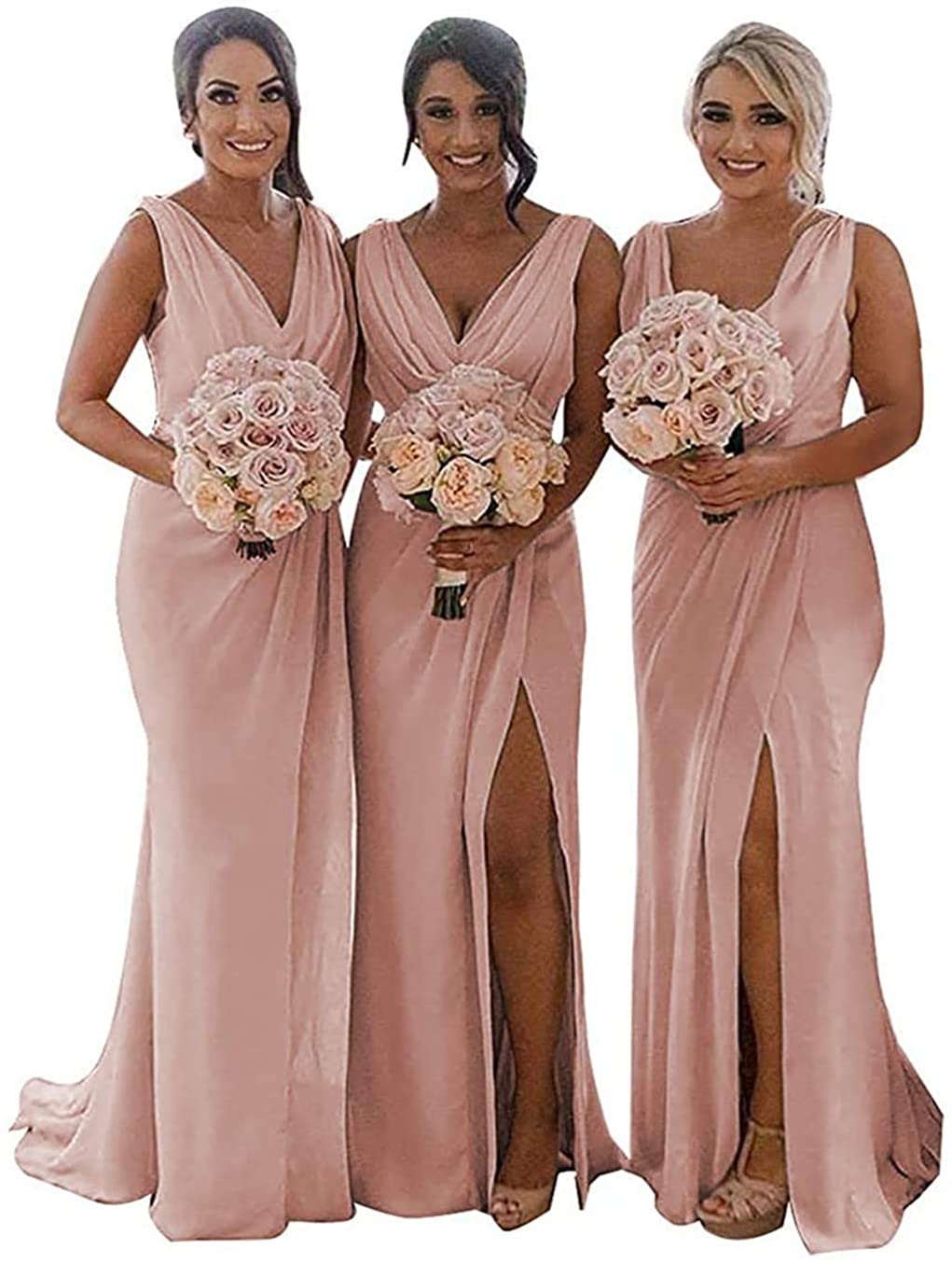 YIANN Dusty Rose Bridesmaid Dresses for Women Pleated Chiffon Long Formal Dress Evening Gown with Slit Wedding Guest UK12