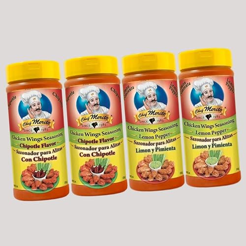 Chef Merito - Chipotle - Condimento de alas de pollo y pimienta de limón, paquete (2 chipotle, 2 limón)