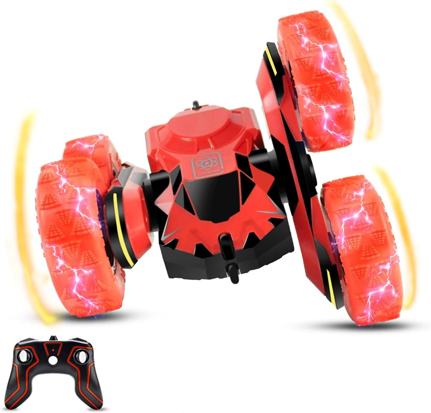 Pussan Remote Control Car for Kids Toy Gifts for 6-12 Year Old Boys Girls RC Stunt Cars Trucks RC Crawler Off Road 360 Degree Rotation 4WD Night Spin Car Summer Beach Toys for Children Red
