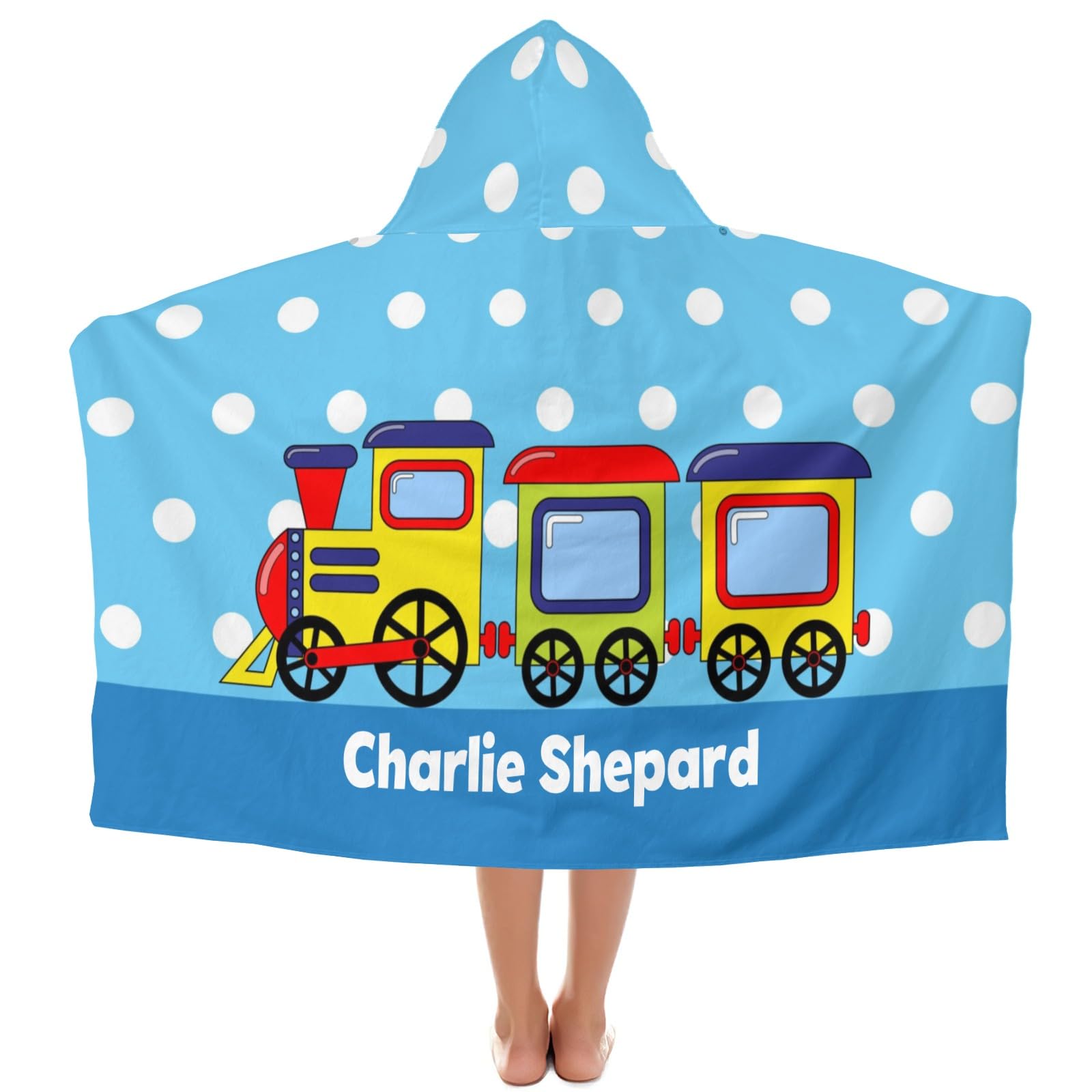 Eiis Unidesign Personalized Blue Dots Cartoon Train Hooded Towel for Toddlers 5-12 Years Boys Girls Kids Bath Pool Beach Towel Wrap Soft Absorbent