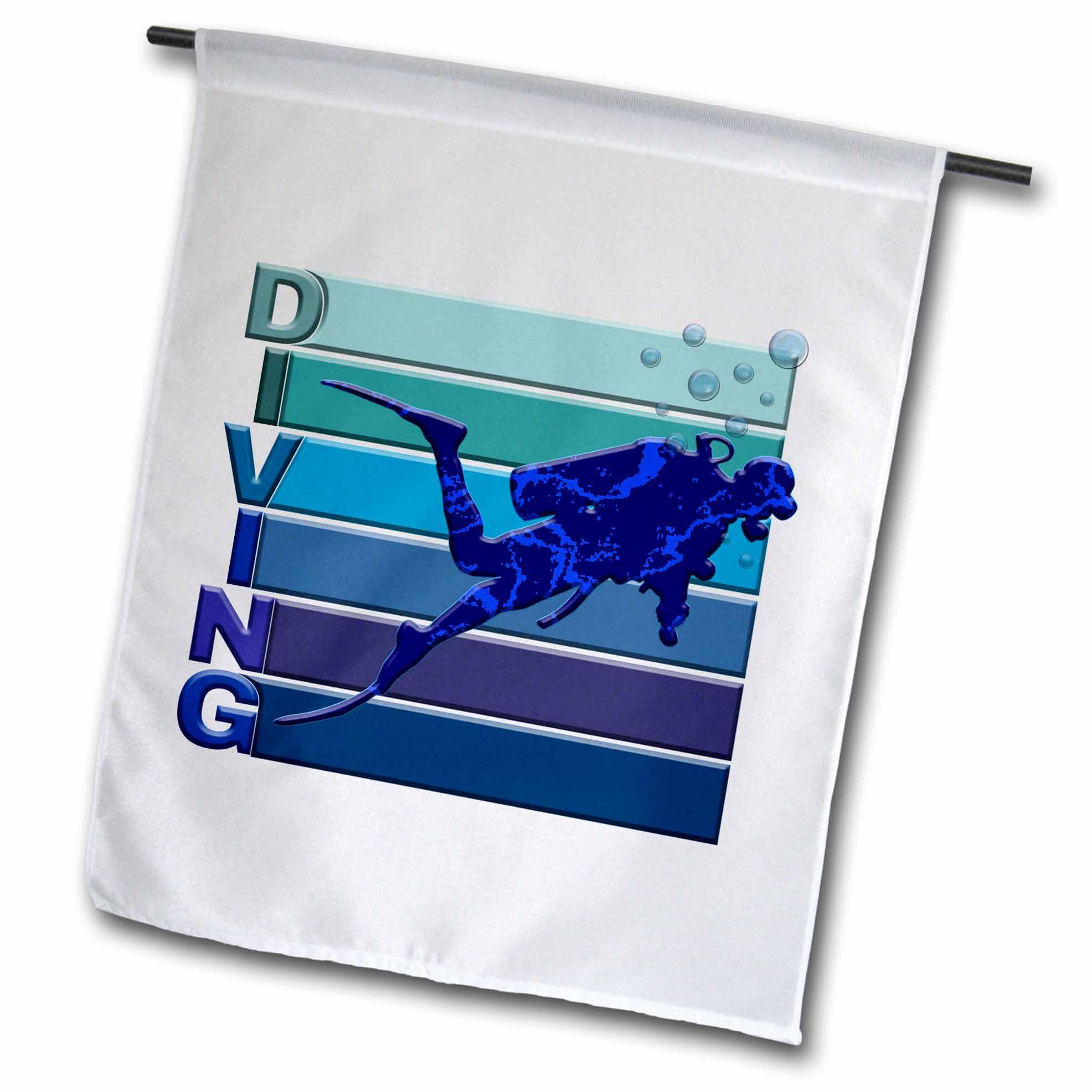 3dRose 12 x 18 inch Garden Flag - Diving. A Stylish Man Scuba Diver Silhouette, Bubbles, Blue Lines Alexis Design - Sport Diving