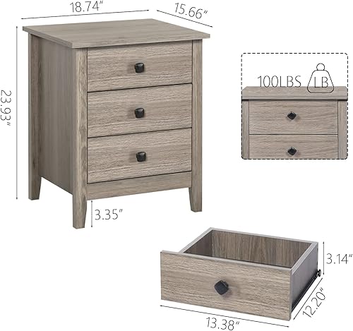 Miniatura 3 de LTMEUTY Juego de 2 mesitas de noche para dormitorio, juego de mesitas de noche de madera con cajones, mesita de noche (gris, 3 cajones)