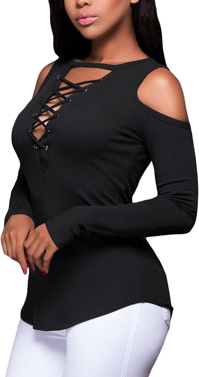 Women's Sexy V-Neck Cold Shoulder Long Sleeve Blouse Shirt Slim Lace-Up Ribbed Stretchy T-Shirt Top - Image 2