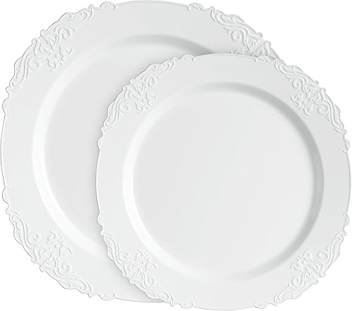 Miniatura 6 de PLASTICPRO Juego de 64 elegantes platos desechables de plástico que incluye 32 platos llanos y 32 platos de ensalada resistentes para fiesta, diseño