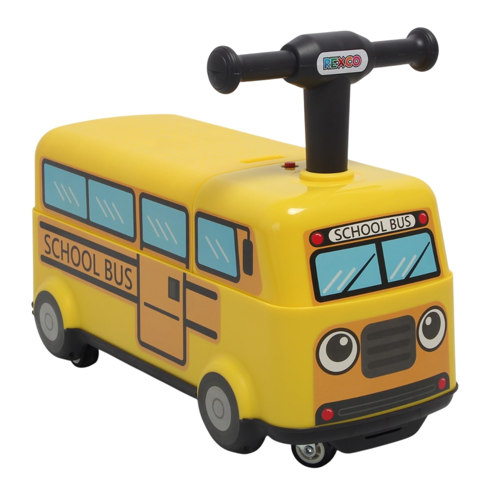 Rexco Ride On Yellow School Bus Childrens Kids Toy Push Along Walker Car Foot To Floor Interactive Music Light Sound Baby Toddler Infant Vehicle