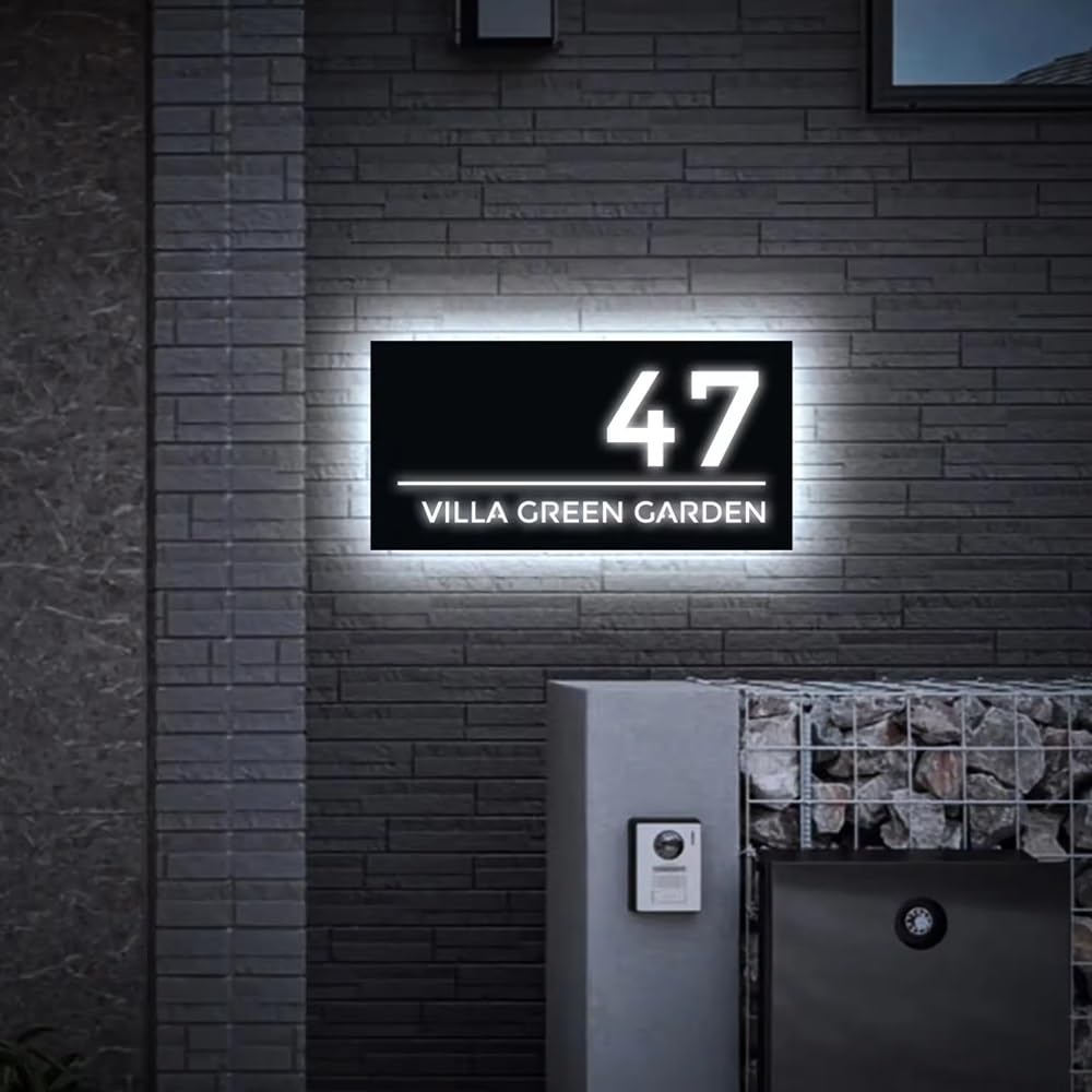 Personalised Modern Fashion Address Plaques Sign With LED Light, Custom Acrylic Illuminated House Number, Customizable Street Names And House Numbers(20x40 cm)