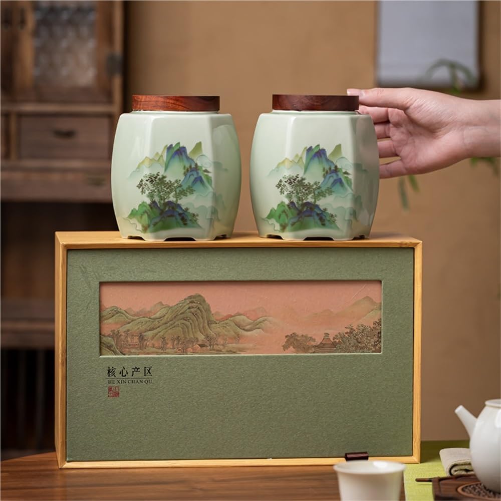 Recipiente Hermético para té Recipiente de cerámica for almacenar té a Granel, Tarro Sellado for condimentos Cocina, Juego Chino Retro, Caja Regalo con Doble