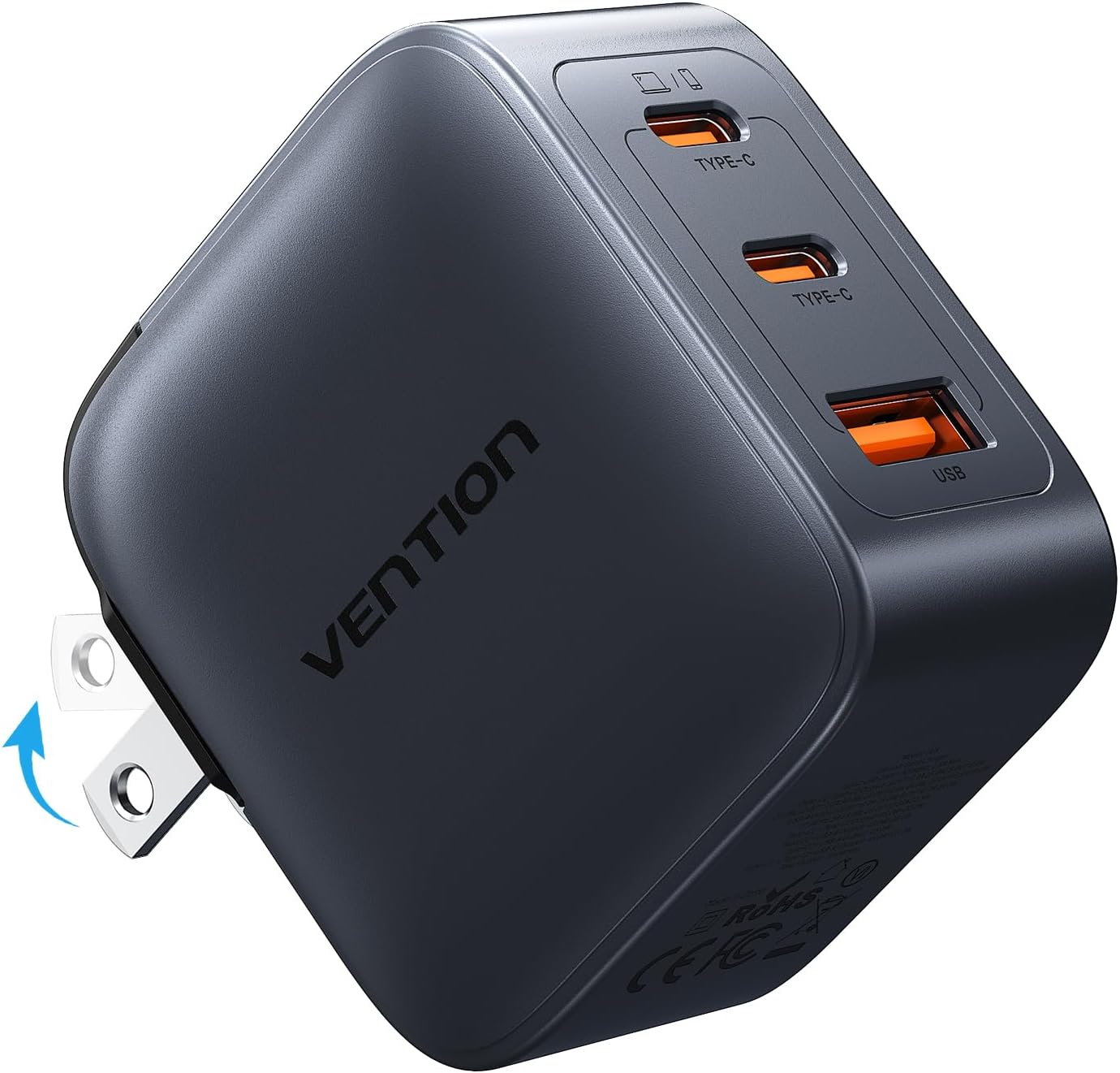 70W USB C Charger Block with Foldable Plug, VENTION 3 Ports GaN Wall Charger, PD Fast Charging Laptop Type C Charger Power Adapter for MacBook/iPad, iPhone 17/16/15/14, Galaxy, Android