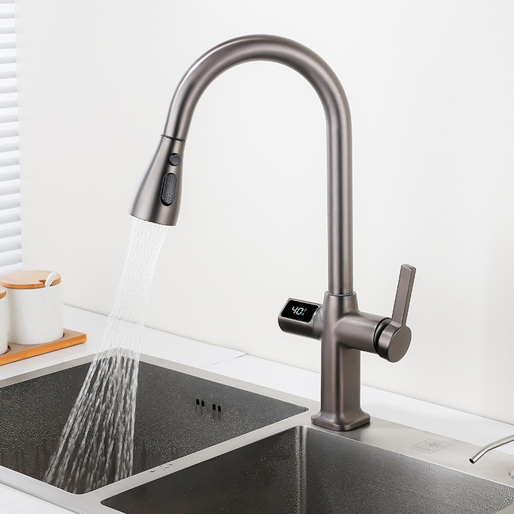 Robinet de cuisine noir avec douchette extractible pour îlot central moderne