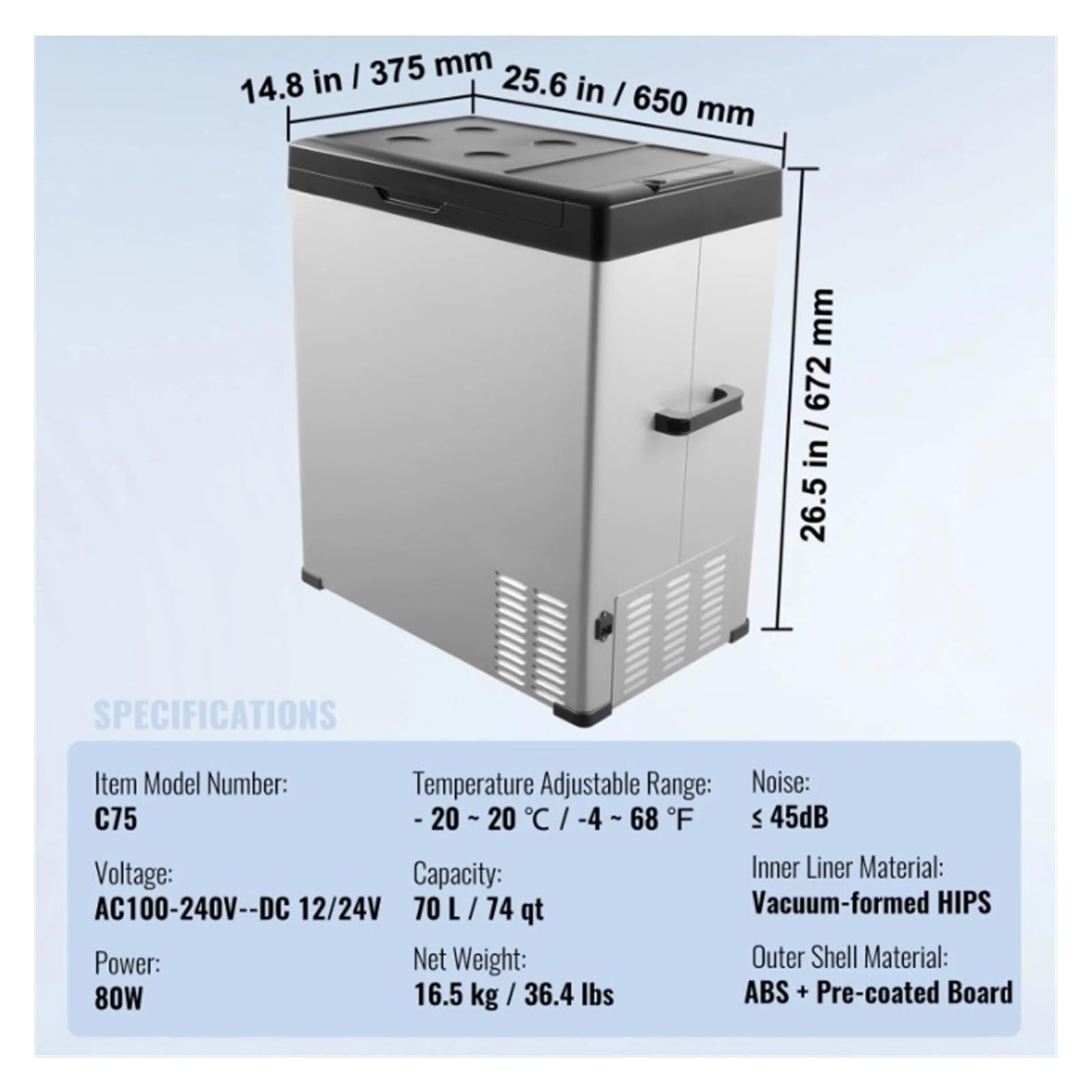 Refrigerador portátil Individual for Coche, 12 V, 70 L, 12/24 V CC y 100-240 V CA, con compresor, for Camping al Aire Libre y autocaravanas.
