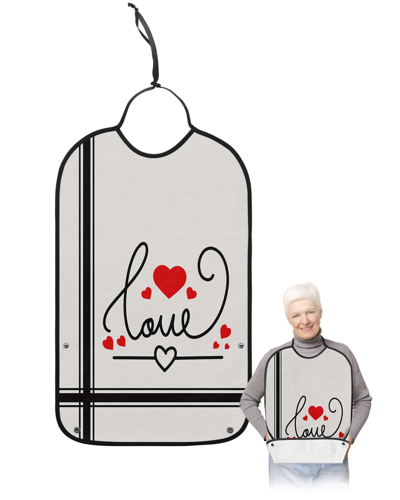 Valentines Adult Bibs for Eating, Waterproof Bibs with Food Catcher & Adjustable Snap Closure, Red Love Heart Vintage Black Striped Washable Clothing Protectors Adult Bibs for Elderly Women/Men