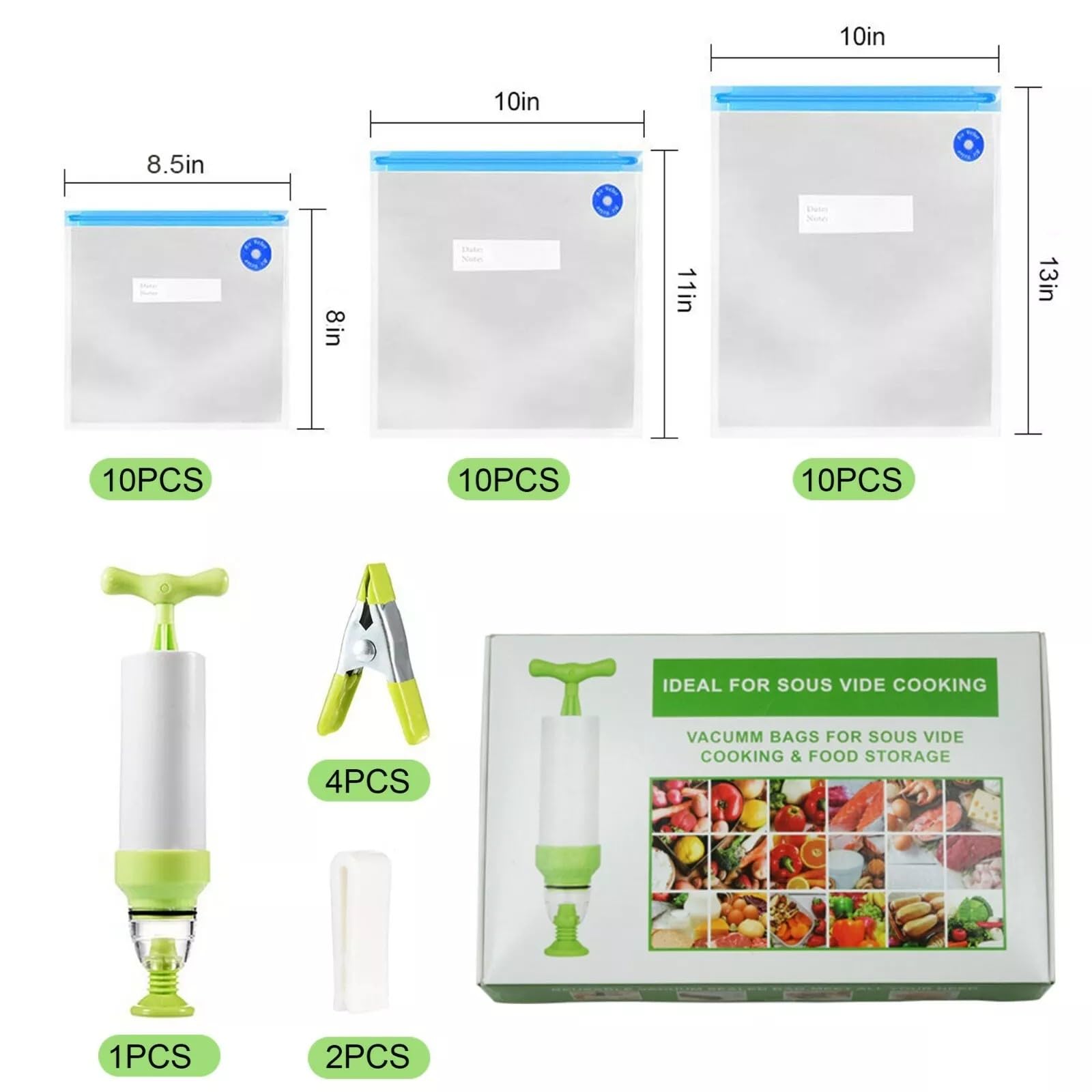HARMONY PALACE 30 Pack Sous Vide Bags Reusable Vacuum Food Sealer Bags Zipper Bags for Kitchen Food Storage, Compression Bag, Sous Vide Cooking, Handheld Pump Included (10S+10M+10L)