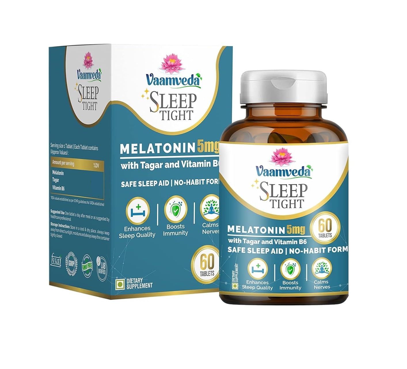 Vaamveda Melatonin 5mg Sleeping Aids for Insomnia - Enhanced Formula to Get Deep, Restful Sleep with Strong yet Safe Sleep Aid Tablets, FSSAI Approved and Non-Habit Forming Pills - 60 Veg Tablets (B09MBB8LJV) Amazon Price History, Amazon Price Tracker