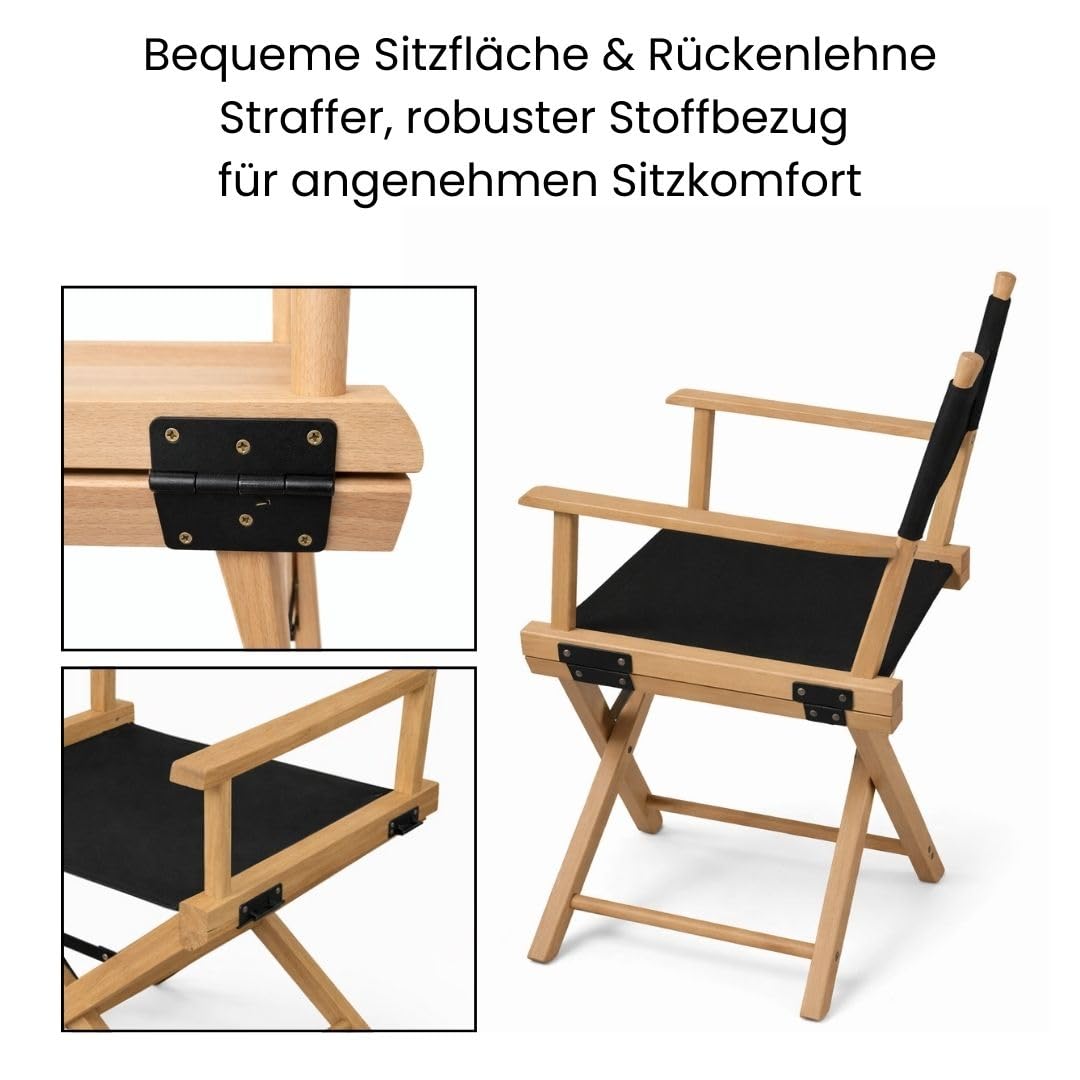 Regiestuhl aus Buchenholz mit transparenter Lasur – Klappbarer Regiesessel mit schwarzem Stoffbezug – Holzstuhl Klappstuhl Campingstuhl leicht & platzsparend für Garten Balkon Camping