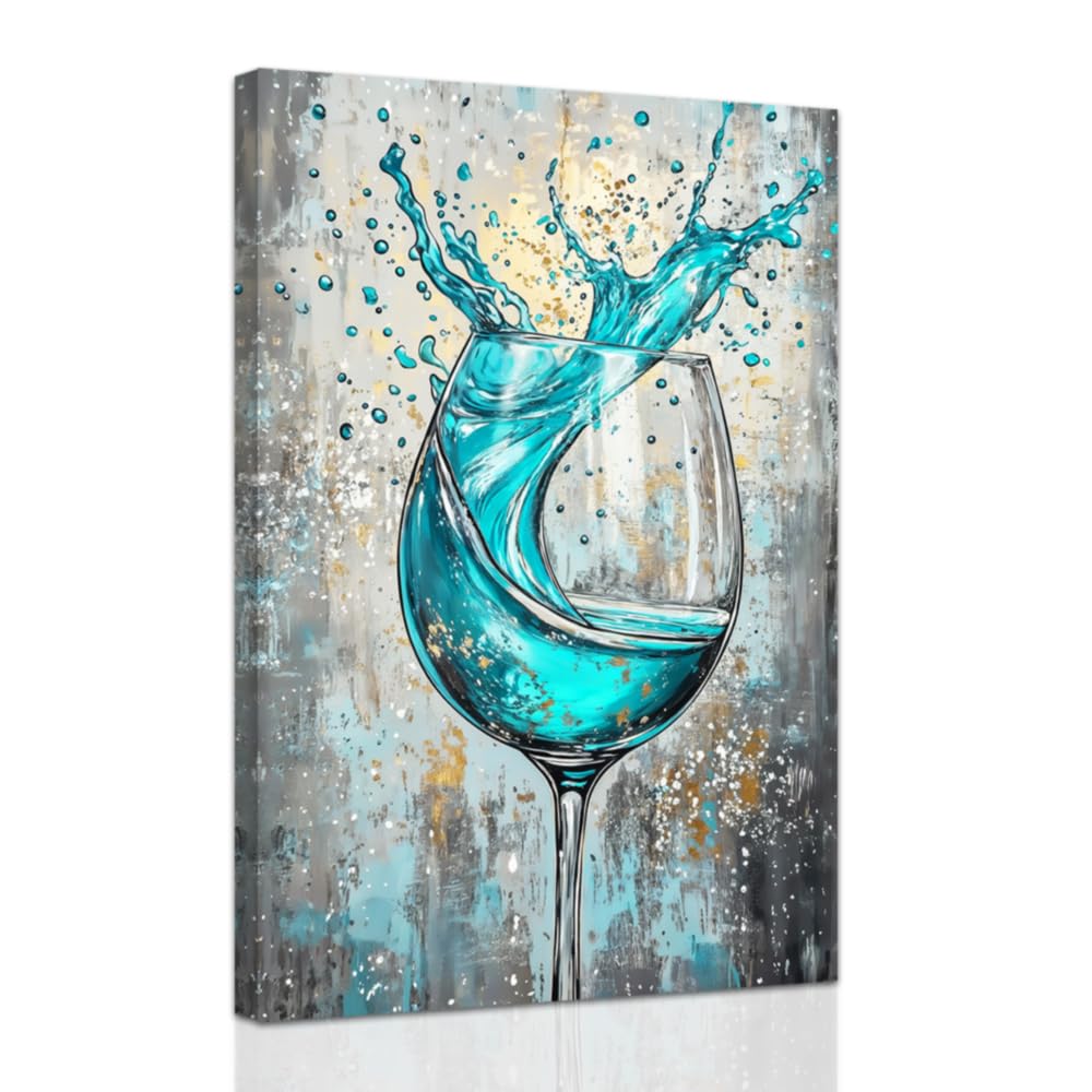 ZXHYWYM Wine Canvas Wall Art for Kitchen Prints Teal Wine Glass Picture Modern Kitchen Restaurant Dinning Room Bar Wall Decor Framed (40 x 60 cms)