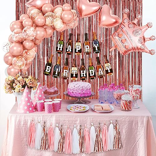 Image of Rozi Decoration Rose Gold Birthday Decoration Set | 55 Pcs Combo with Wine Bottle Theme Happy Birthday Banner, Crown Foil Balloon, Metallic & Confetti Balloons, Foil Curtain for Adults Party Decor
