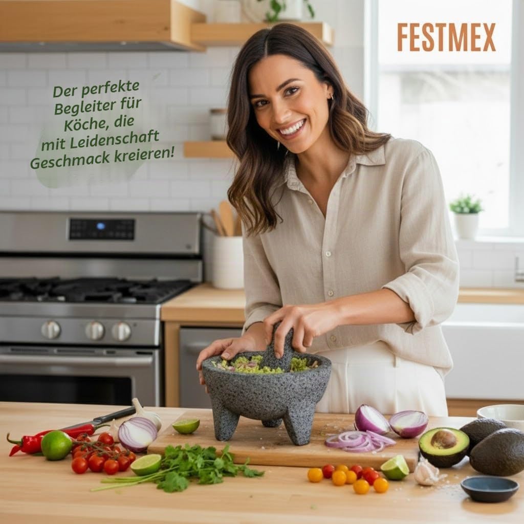 Echter handgefertigter mexikanischer Mörser und Stößel, Molcajete de Piedra natürlicher Vulkanika-Stein, schwer und langlebig, perfekt für hausgemachte Salsas, Guacamole und andere Molcajete-Teller |
