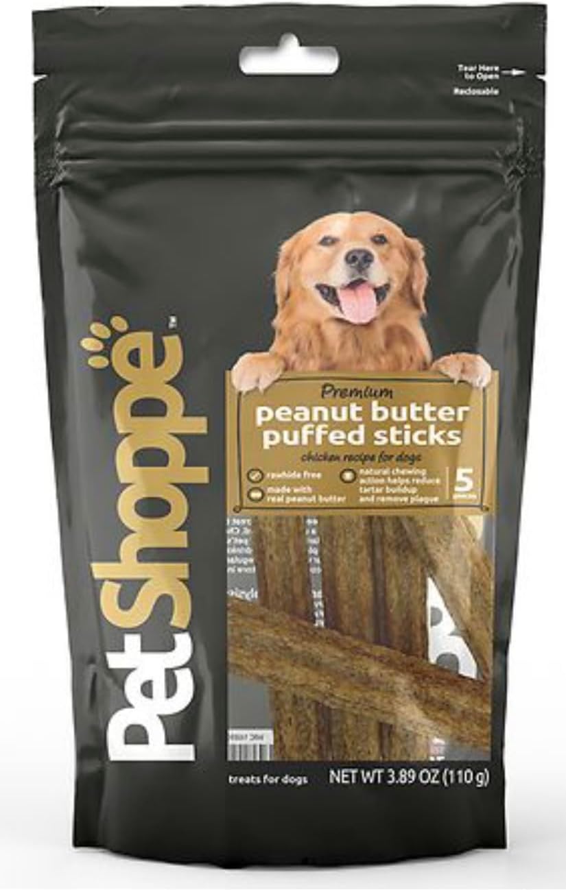 Pet Shoppe Premium Peanut Butter Puffed Sticks for Dogs, 3.89 oz, Grain-Free, Natural Chewing (Pack of 2)